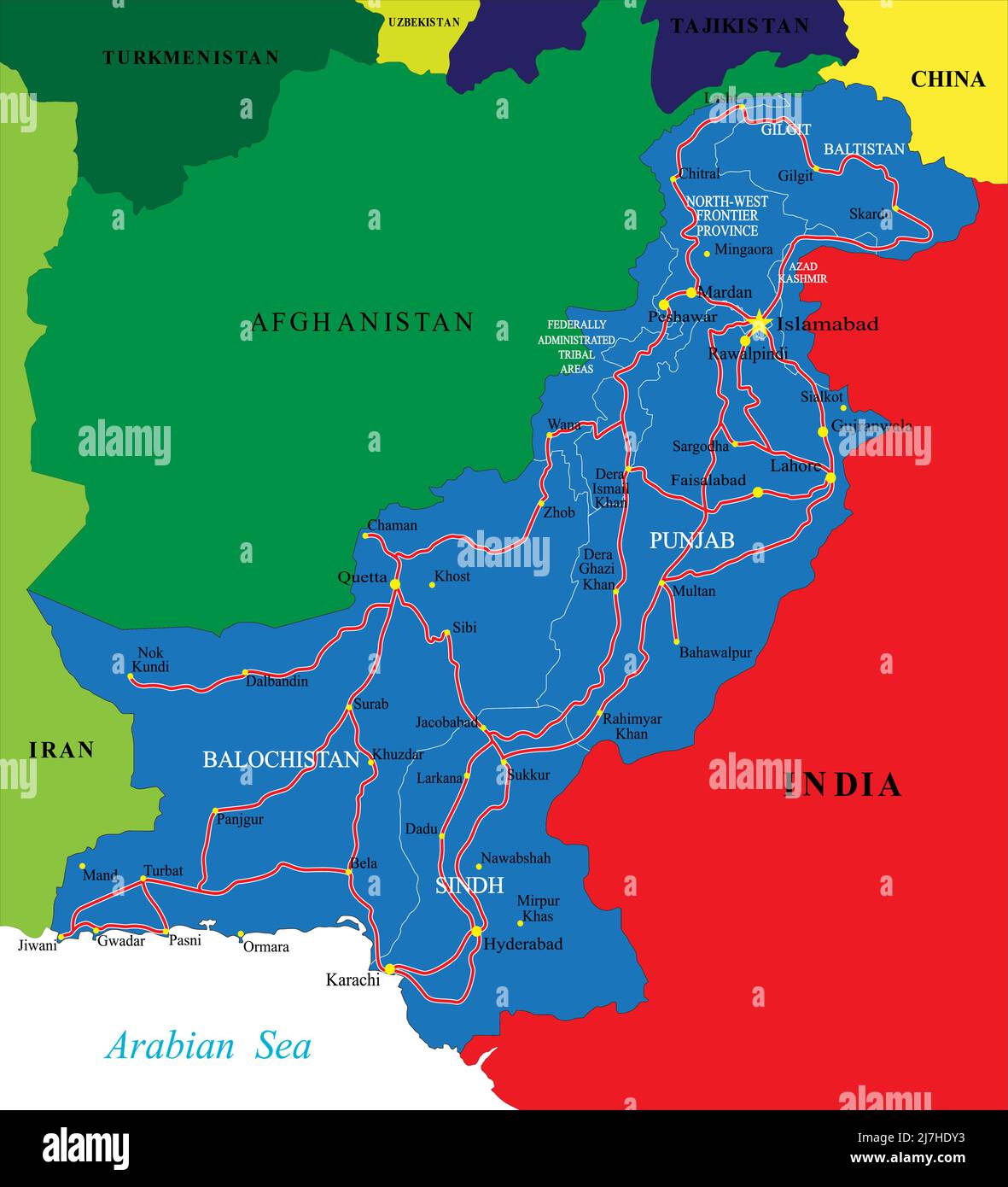 Pakistan mappa vettoriale molto dettagliata con al le diverse regioni amministrative, città e strade. Illustrazione Vettoriale