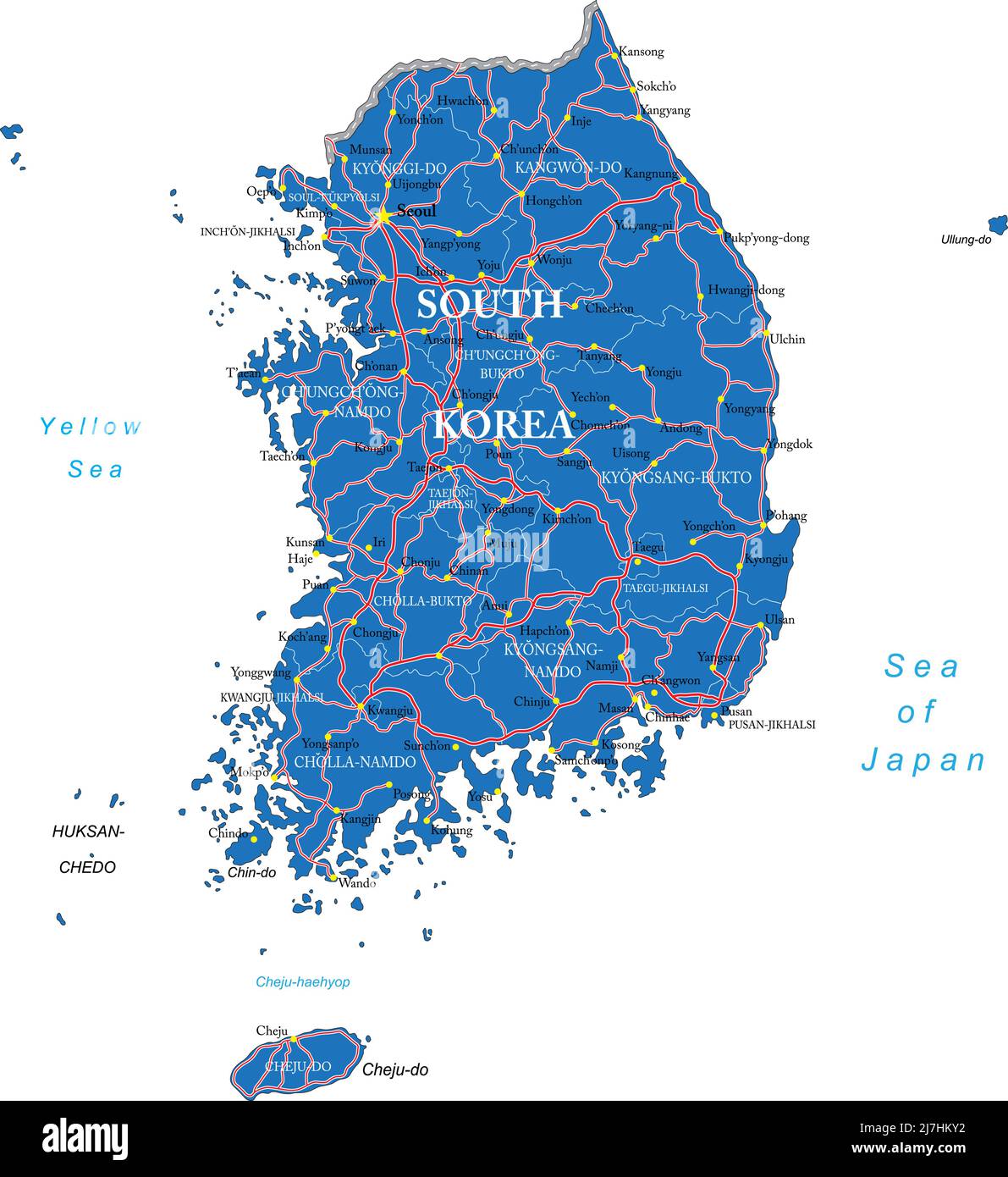 Mappa vettoriale molto dettagliata della Corea del Sud con regioni amministrative, principali città e strade. Illustrazione Vettoriale