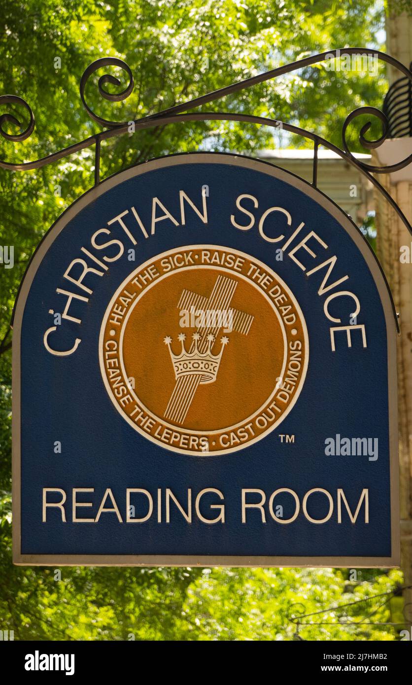 Insegna della sala lettura Christian Science nel centro di Greenville, South Carolina Foto Stock