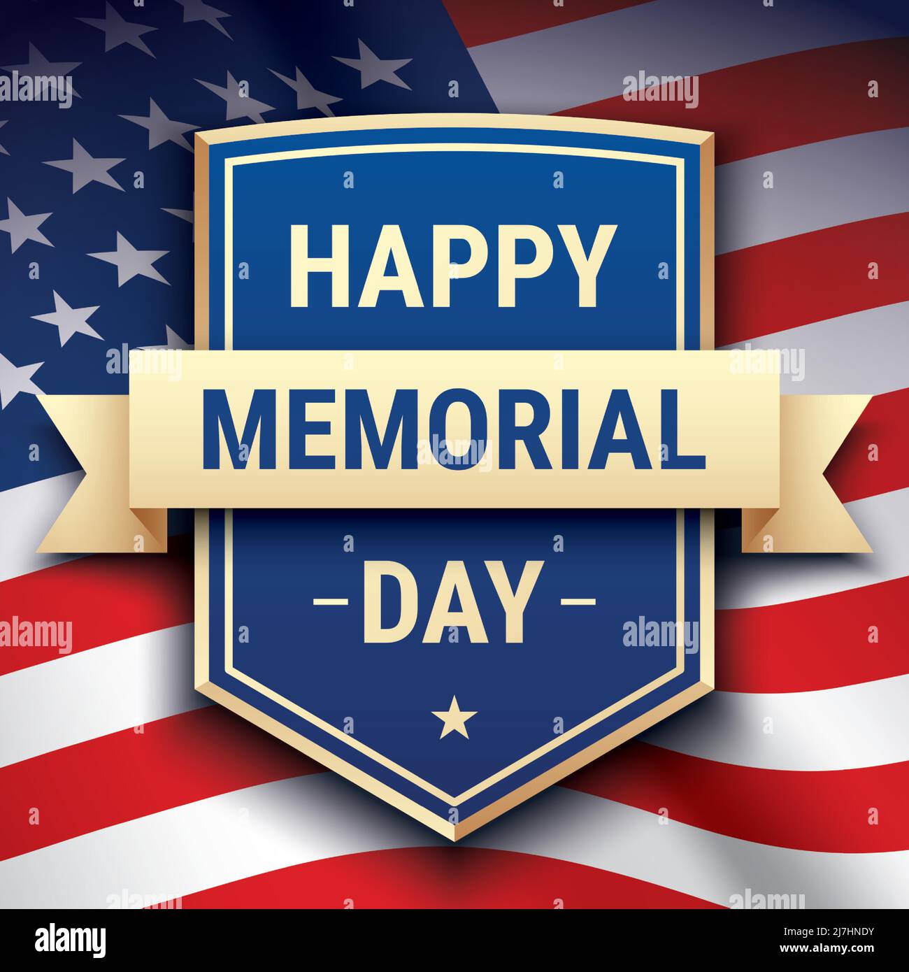 Happy Memorial Day cartolina vettoriale design, con testo su uno scudo su uno sfondo ondeggiante bandiera USA. Illustrazione Vettoriale