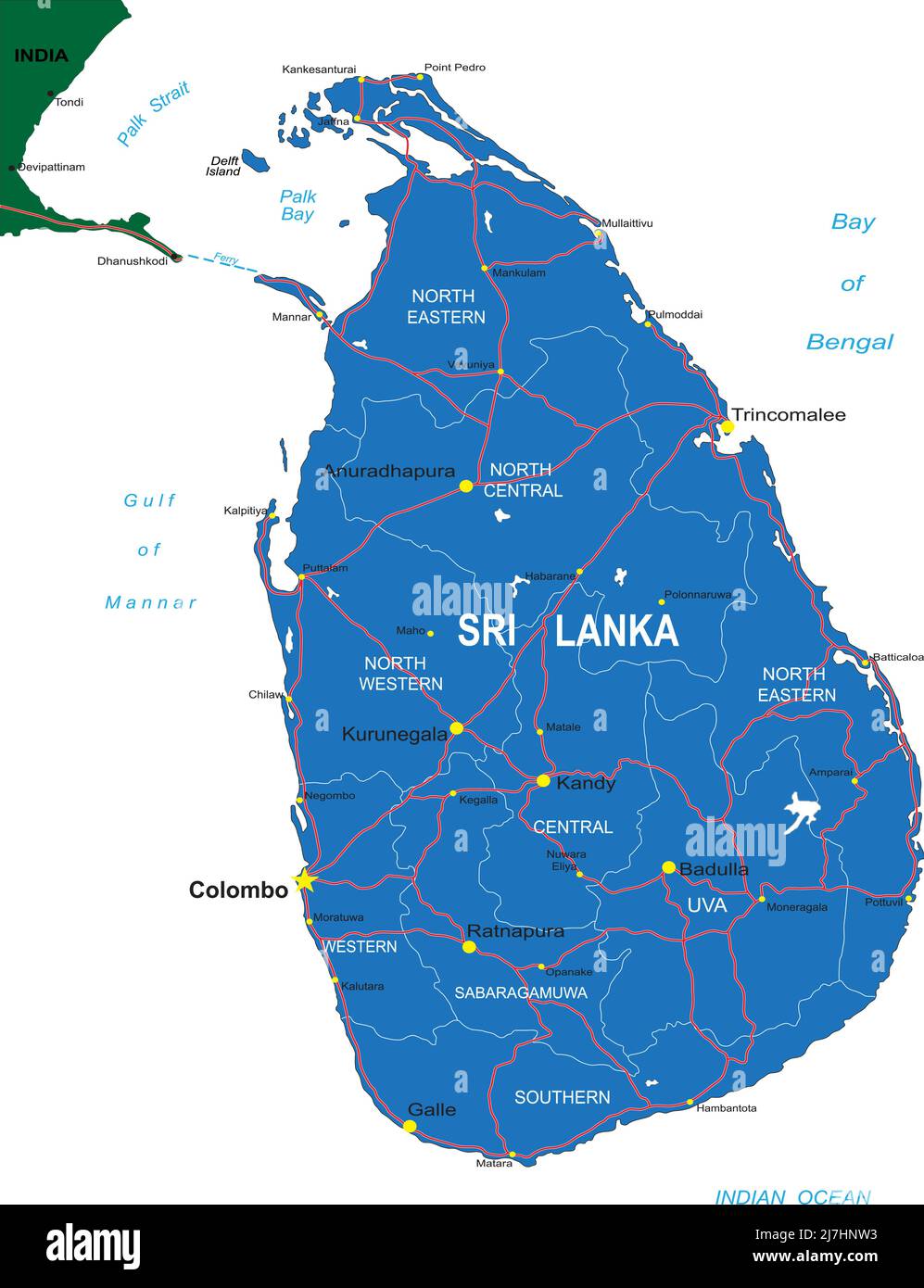 Sri Lanka Mappa vettoriale dettagliata con confini di paese, nomi di contea, strade principali e una silhouette di stato molto dettagliata. Illustrazione Vettoriale