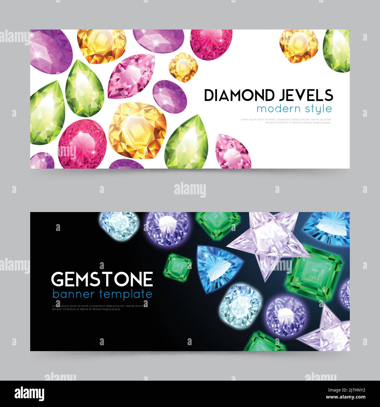 Due gemme orizzontali gioielli diamante con gioielli diamantati stile moderno e gemme titoli illustrazione vettoriale Illustrazione Vettoriale