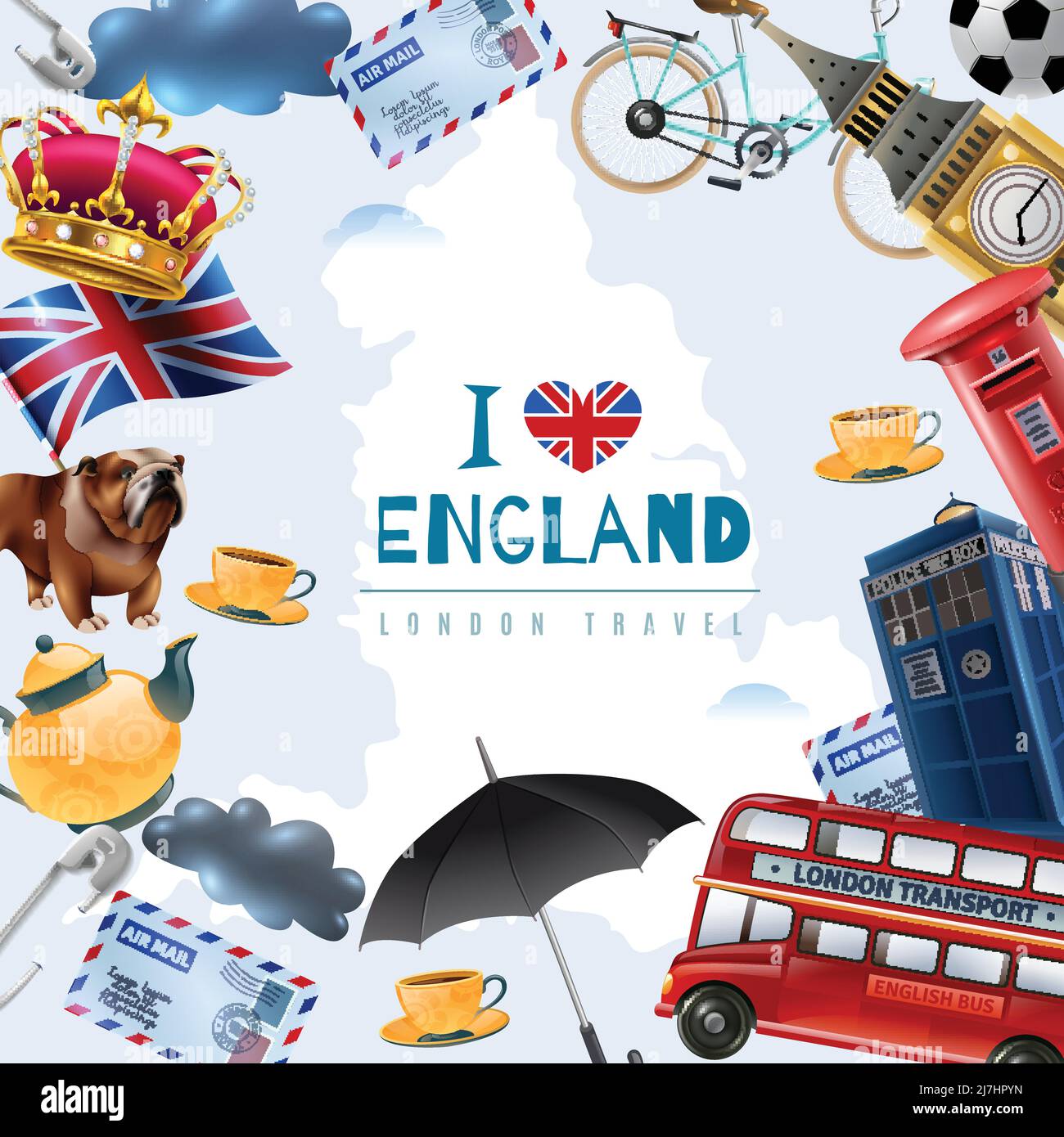 Inghilterra london Travel frame sfondo con collage di immagini piatte con elementi stereotipati e illustrazioni vettoriali di testo modificabili Illustrazione Vettoriale