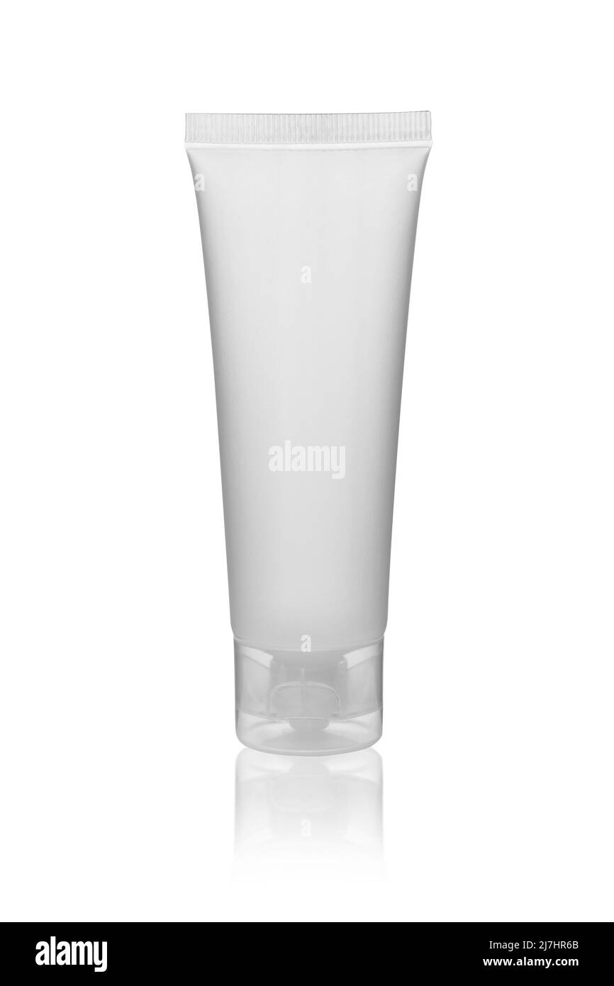 Tubo in plastica bianca lucida per medicina o cosmetica - crema, gel, cura della pelle, dentifricio. Confezione realistica con coperchio ribaltabile isolato su bianco Foto Stock