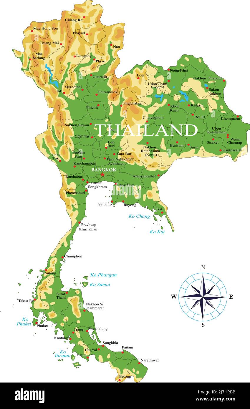 Mappa fisica molto dettagliata della Thailandia, in formato vettoriale, con tutte le forme di rilievo, regioni e grandi città. Illustrazione Vettoriale