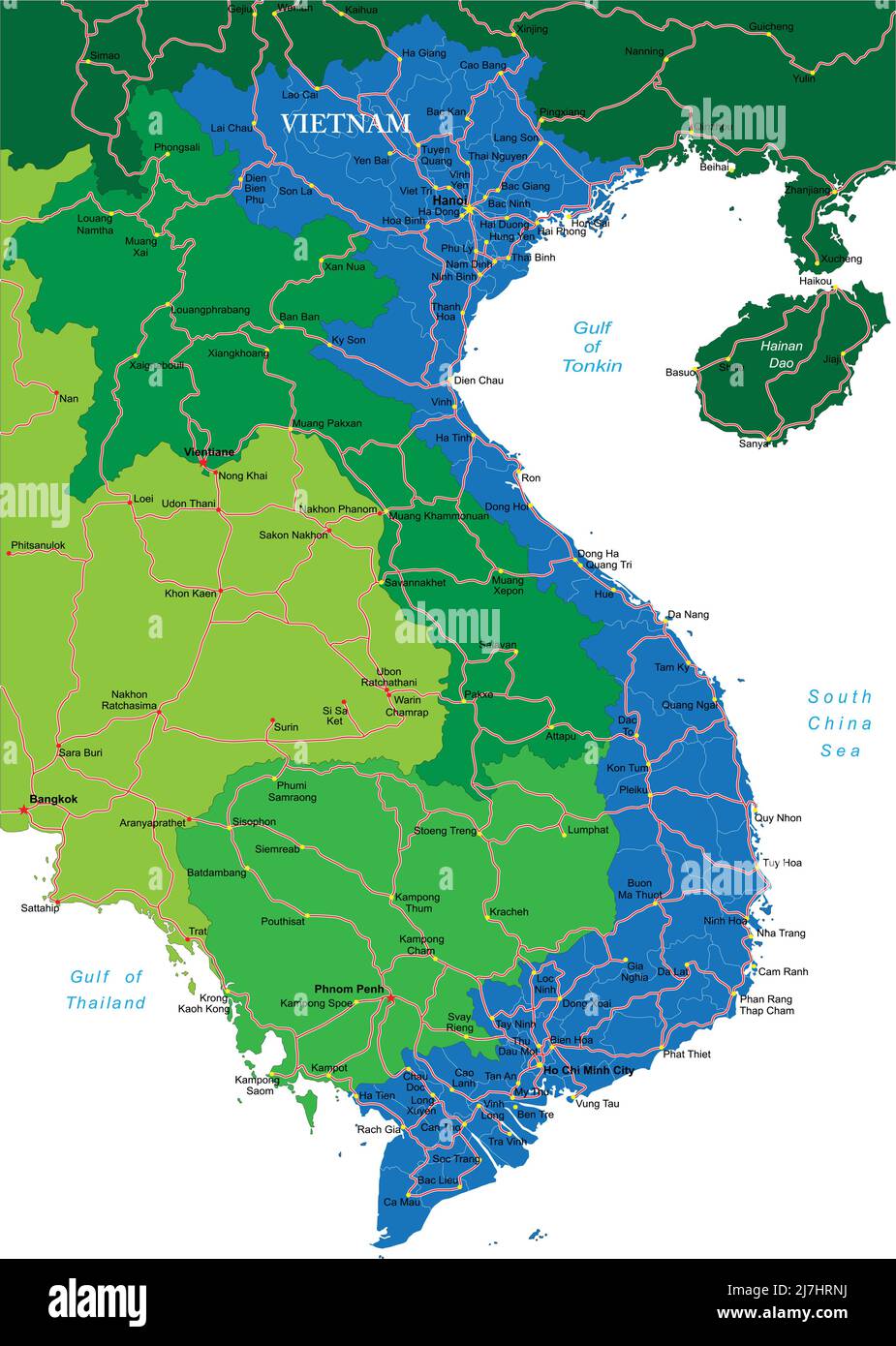 Mappa vettoriale dettagliata del Vietnam con confini di paese, nomi di contea, strade principali e una silhouette di stato molto dettagliata. Illustrazione Vettoriale
