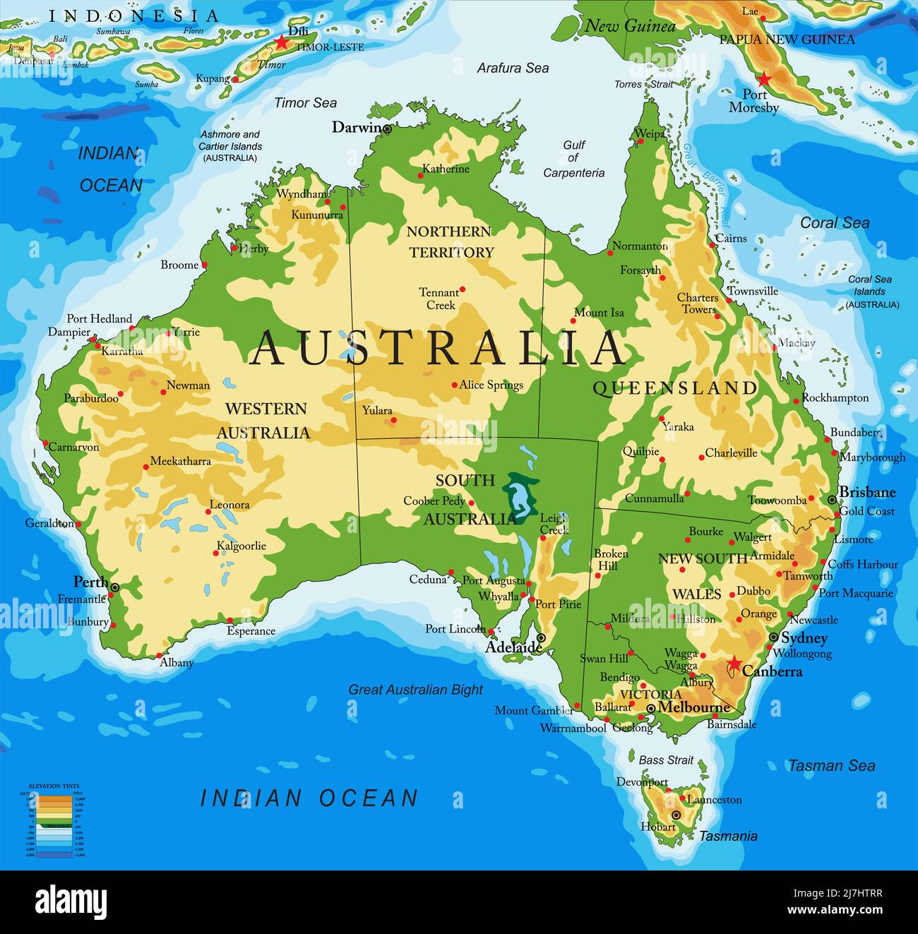 Mappa fisica molto dettagliata dell'Australia, in formato vettoriale, con tutte le forme di rilievo, paesi e grandi città. Illustrazione Vettoriale