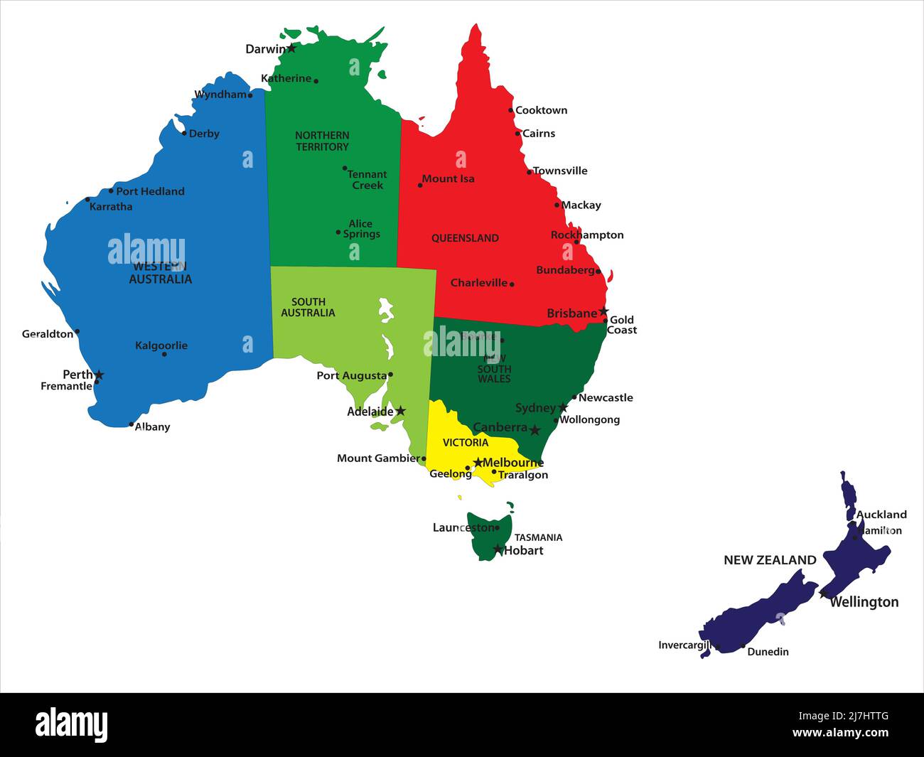 Mappa vettoriale dell'Australia e della Nuova Zelanda con confini statali e città principali Illustrazione Vettoriale