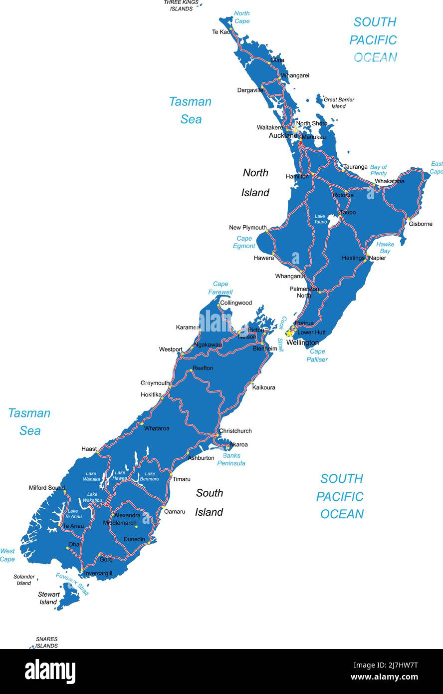 Mappa vettoriale della Nuova Zelanda con confini statali, principali città e strade. Illustrazione Vettoriale