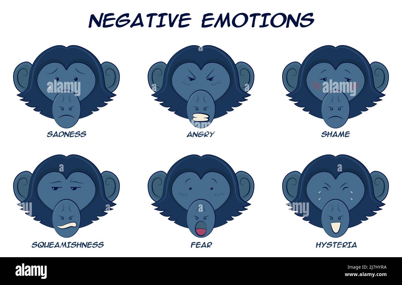 Set di scimmie cartoon con emozioni negative Illustrazione Vettoriale