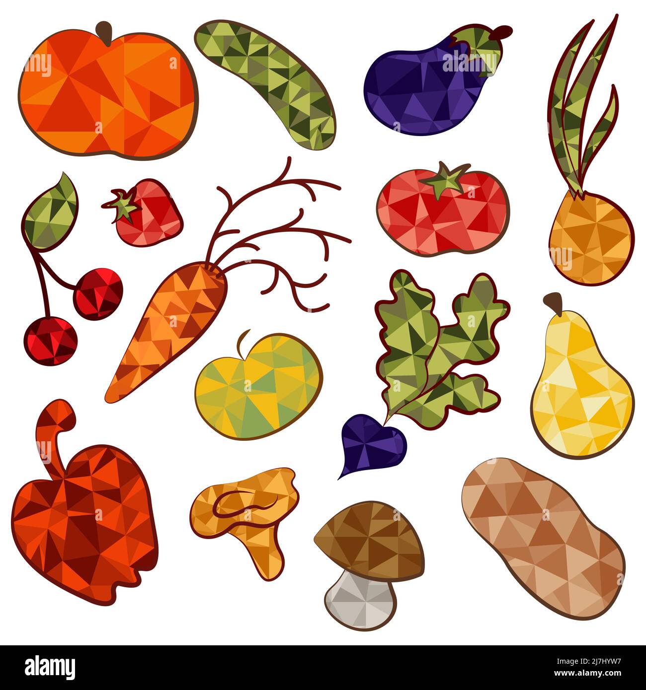 Set di frutta e verdura dalle forme geometriche Illustrazione Vettoriale