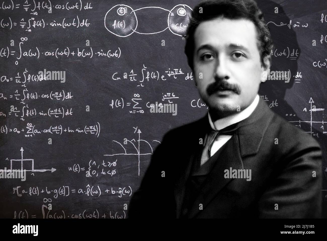 Un giovane Albert Einstein, su uno sfondo pieno di formule matematiche Foto Stock