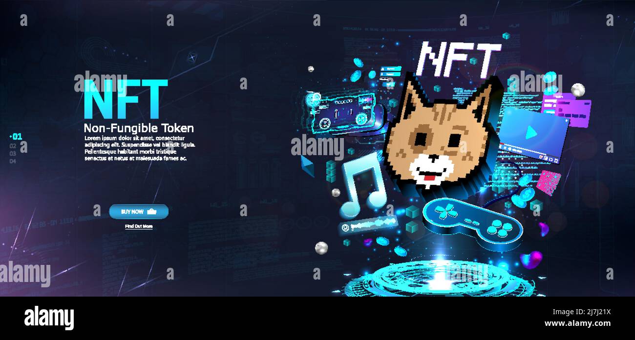 Token NFT in cripto-grafica. Banner token non-fungibile Illustrazione Vettoriale
