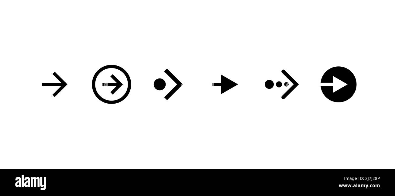 Scorri verso destra insieme di icone del pulsante. Pittogramma a freccia di scorrimento per applicazioni e social network per web design o app. Insieme di elementi dell'interfaccia utente del puntatore di direzione successivo nero. Illustrazione eps vettoriale Illustrazione Vettoriale