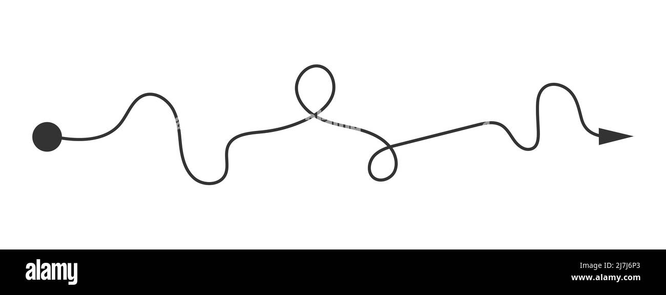 Linea curva con punto iniziale e freccia di direzione. Modo difficile, percorso caos, percorso difficile, sfida simbolo isolato su sfondo bianco. Illustrazione grafica vettoriale Illustrazione Vettoriale