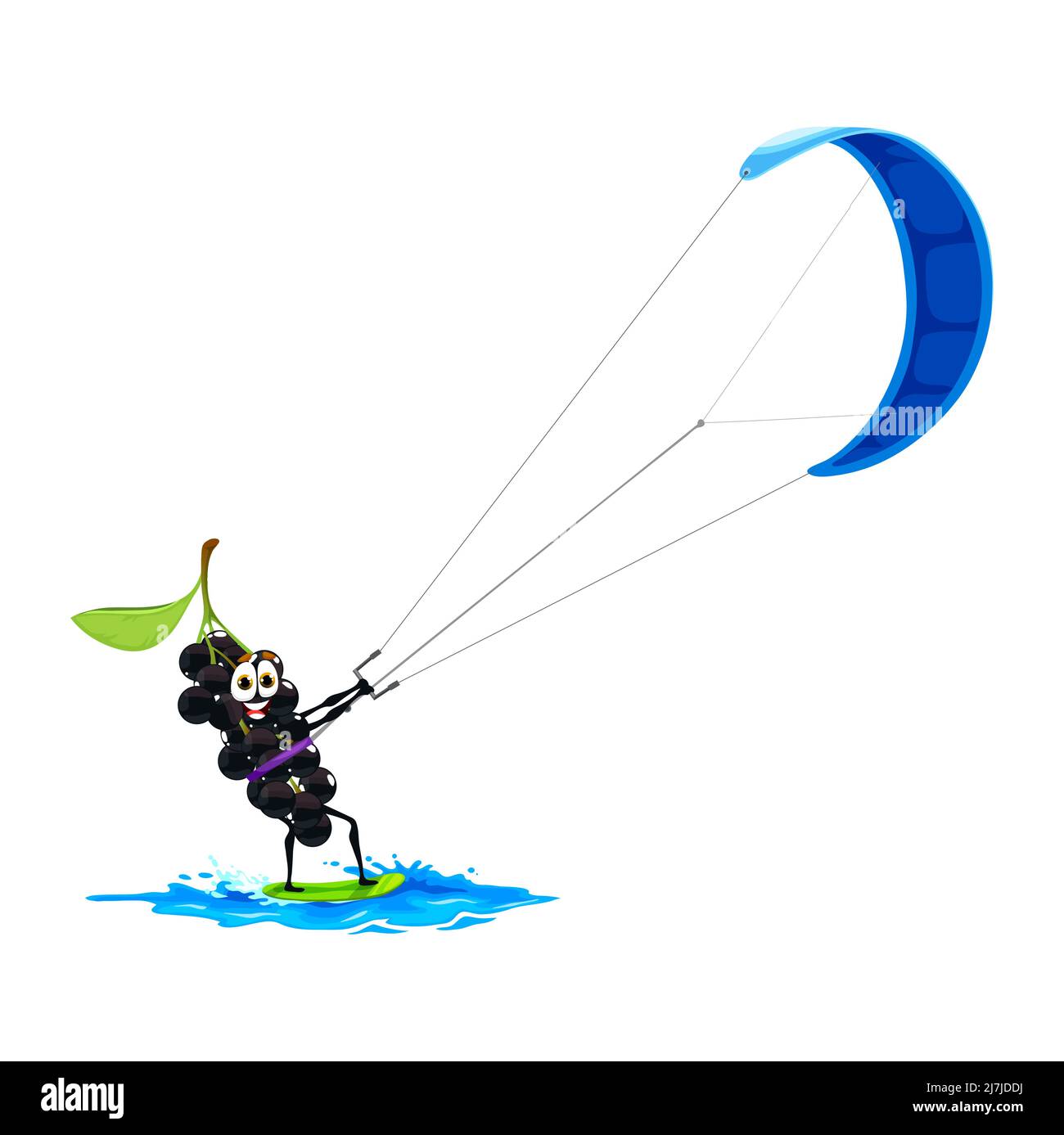 Cartone animato uccello ciliegia carattere sul kitesurfing. Divertente vettore bacche sportivo godendo estate acqua kite surf sport. Sport acquatici ricreazione, attività di vacanza, personage relax in vacanza Illustrazione Vettoriale