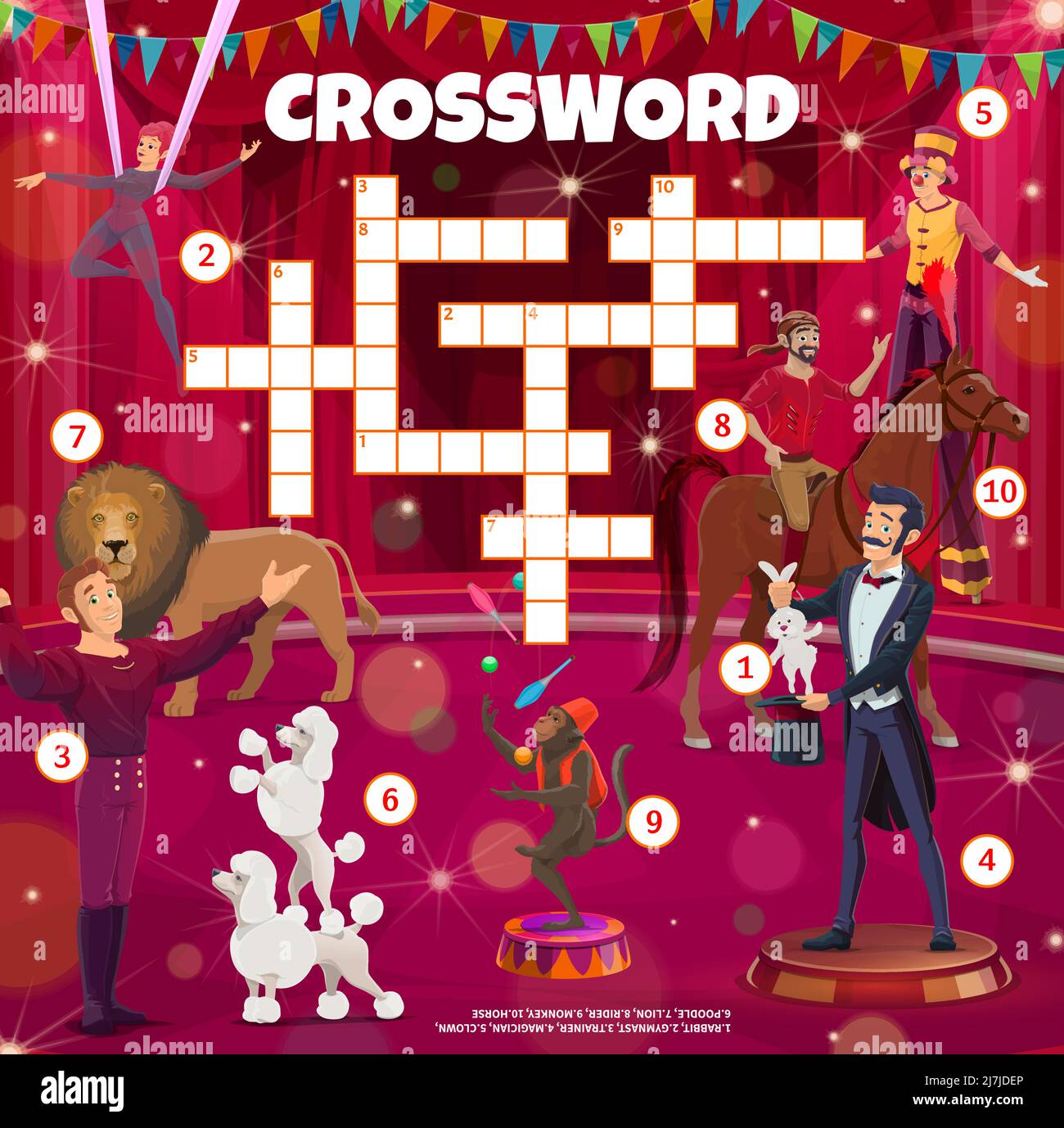 Shapito circus performers, foglio di lavoro di puzzle di cruciverba, vettore trovare parola quiz griglia di gioco. Bambini educazione Crossword indovinello con circo illusionist con coniglio, clown e leone trainer con scimmia giocoliere Illustrazione Vettoriale