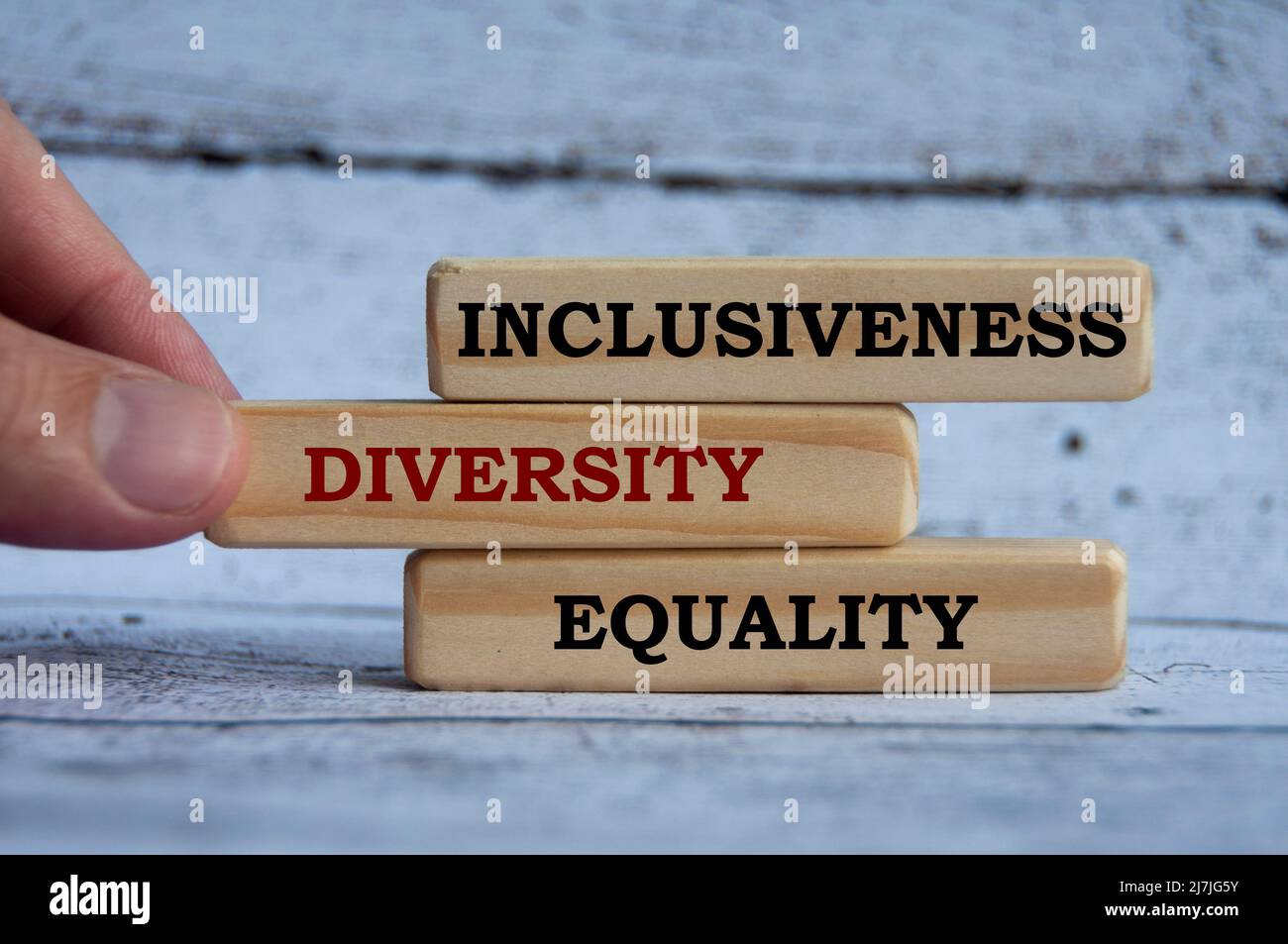 Inclusività, diversità e testo di uguaglianza su blocchi di legno con sfondo di copertura in legno. Concetto di cultura aziendale Foto Stock