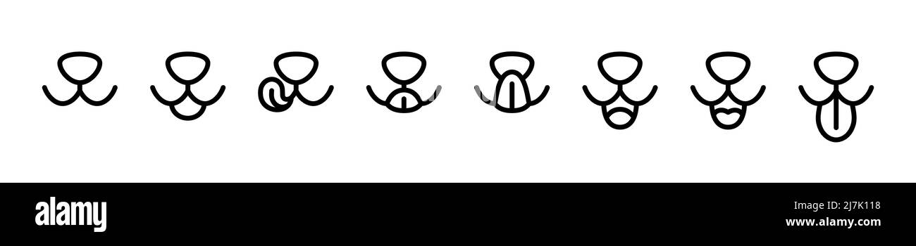 Faccia del cane con linguetta che pende fuori. Linguetta del cane leccare la bocca e il naso. Felice faccia del gatto con bocca aperta. Icone impostate. Illustrazione vettoriale isolata su bianco Illustrazione Vettoriale