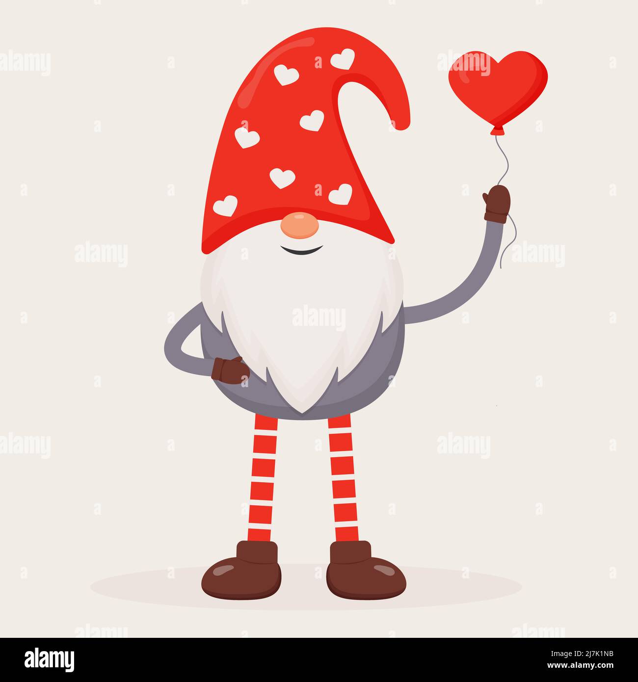 Simpatico gnome di San Valentino con un palloncino rosso a forma di cuore. Illustrazione vettoriale piatta per il regalo, il biglietto, la stampa, la decorazione del giorno di San Valentino. Illustrazione Vettoriale