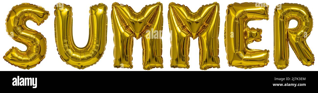 veri palloncini a forma di parola estiva, oro metallico su sfondo bianco Foto Stock