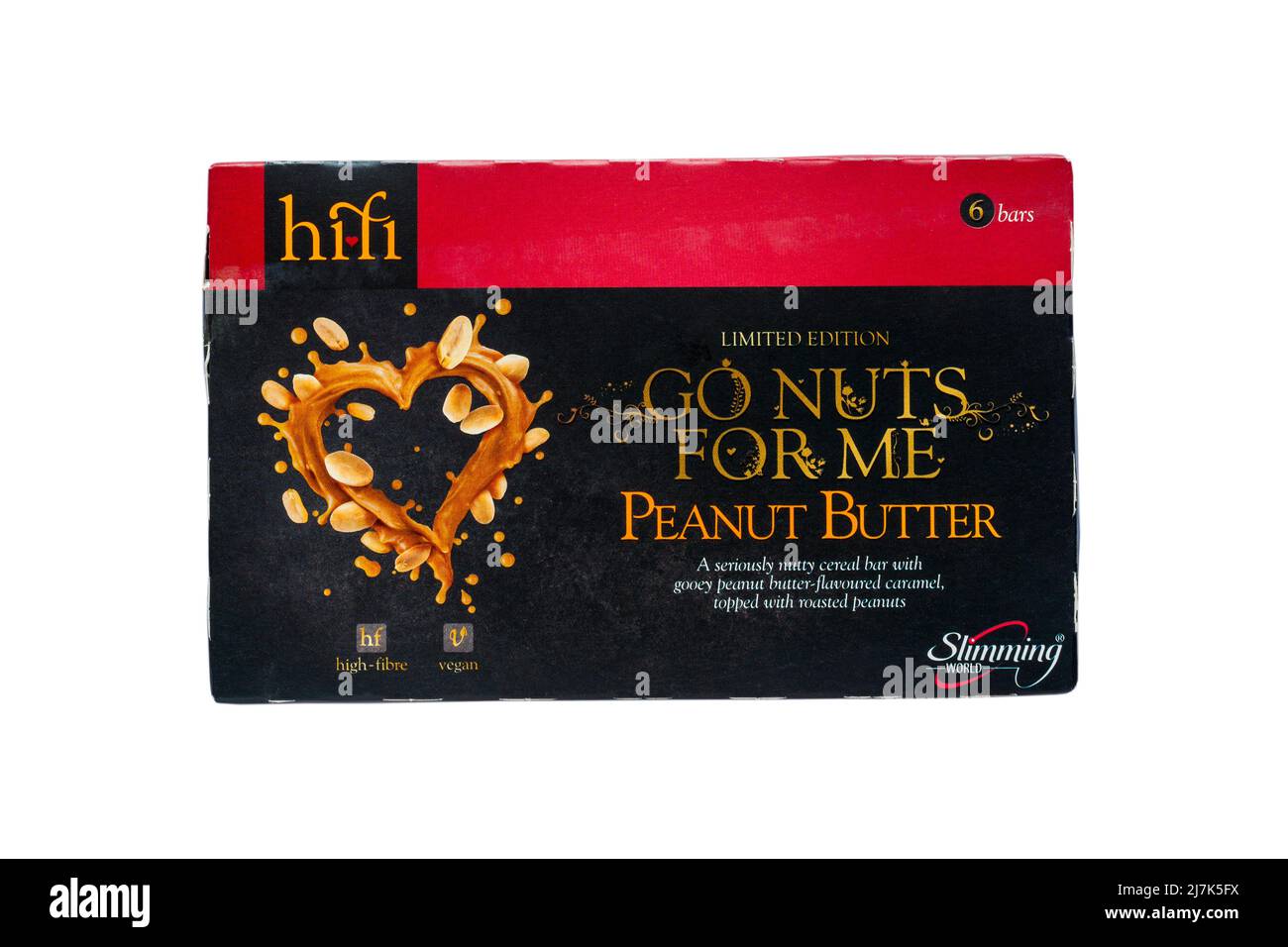 Pacchetto di hi-fi Go Nuts for Me burro di arachidi barrette di cereali da Slimming World isolato su sfondo bianco Foto Stock