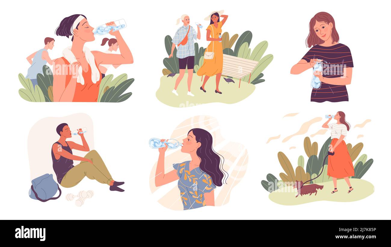 Set di persone che bevono acqua nel caldo estivo. Illustrazione Vettoriale