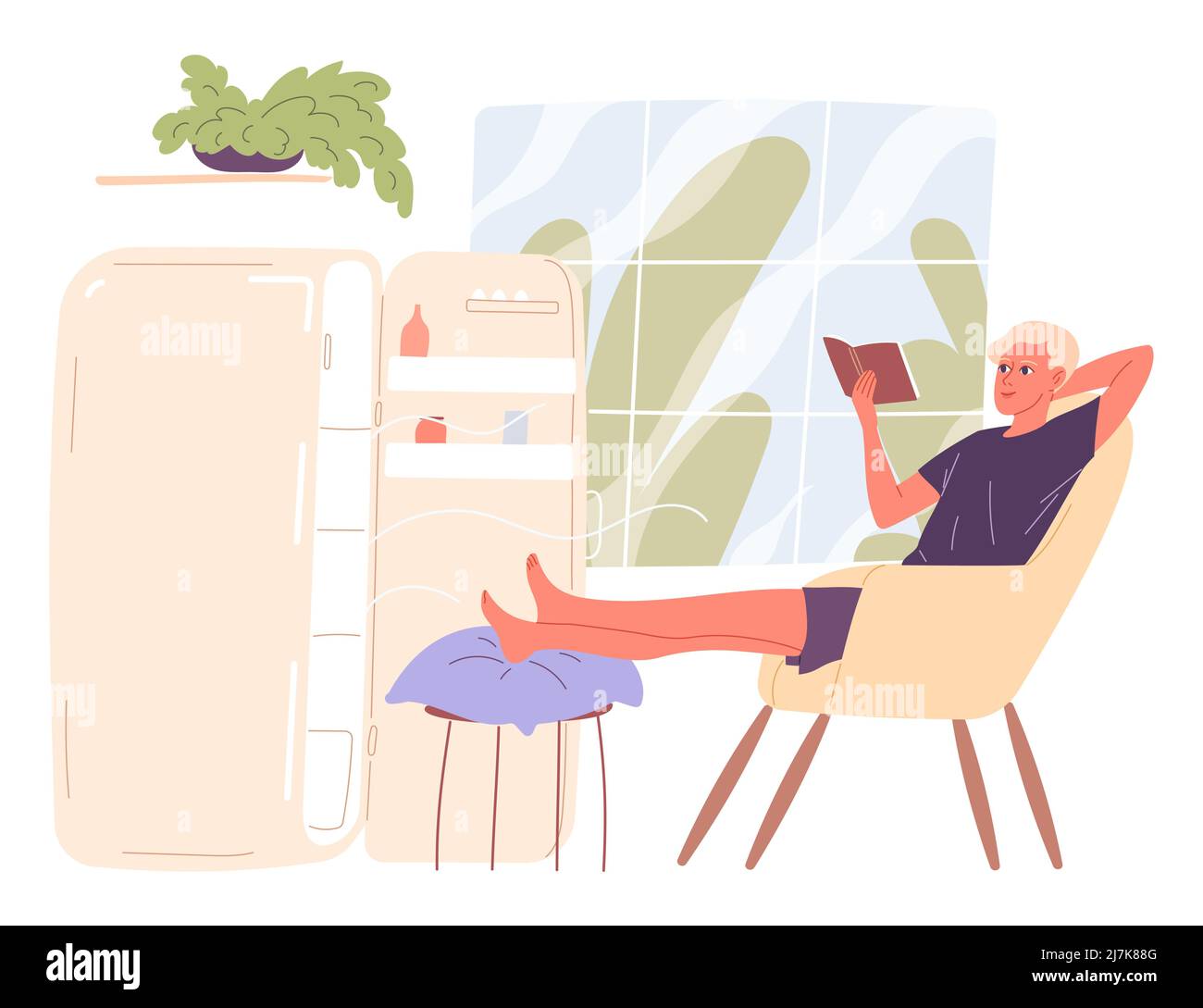 L'uomo si siede accanto a un frigorifero aperto e brividi fuori nel calore. Illustrazione Vettoriale