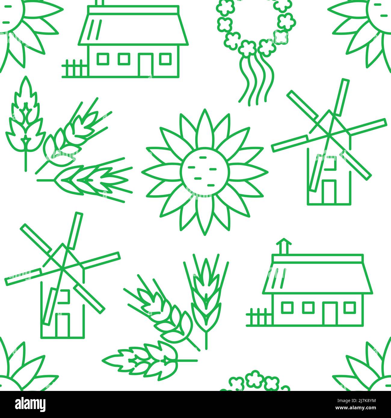 Vita rurale modello senza giunture in stile linea. Simboli del villaggio. Illustrazione vettoriale. Illustrazione Vettoriale