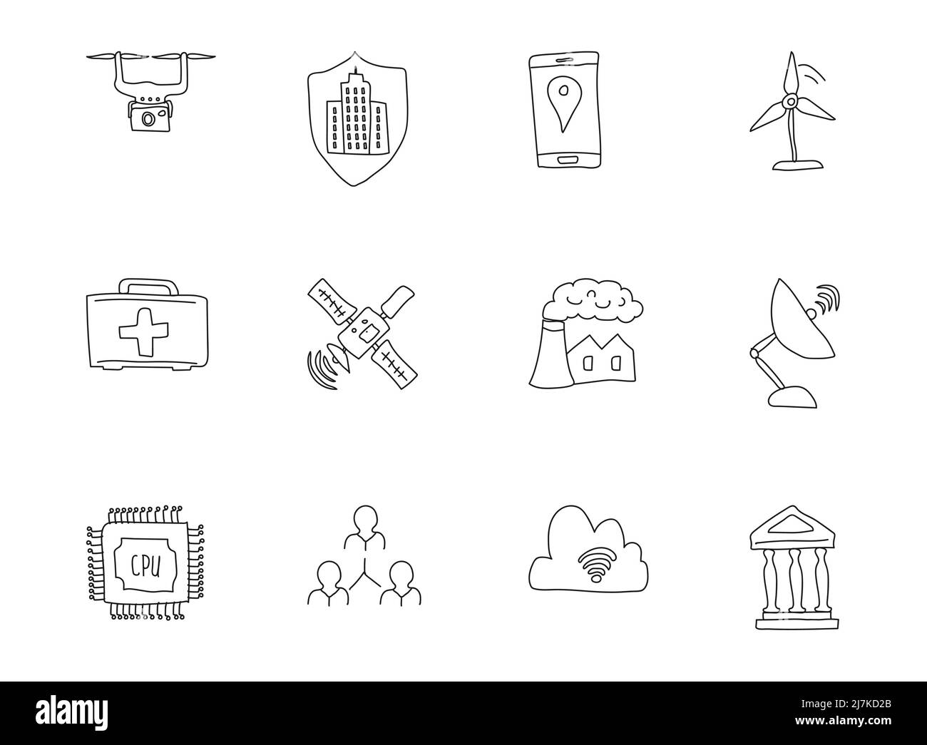 eleganti doodles della città isolati su bianco. Illustrazione Vettoriale