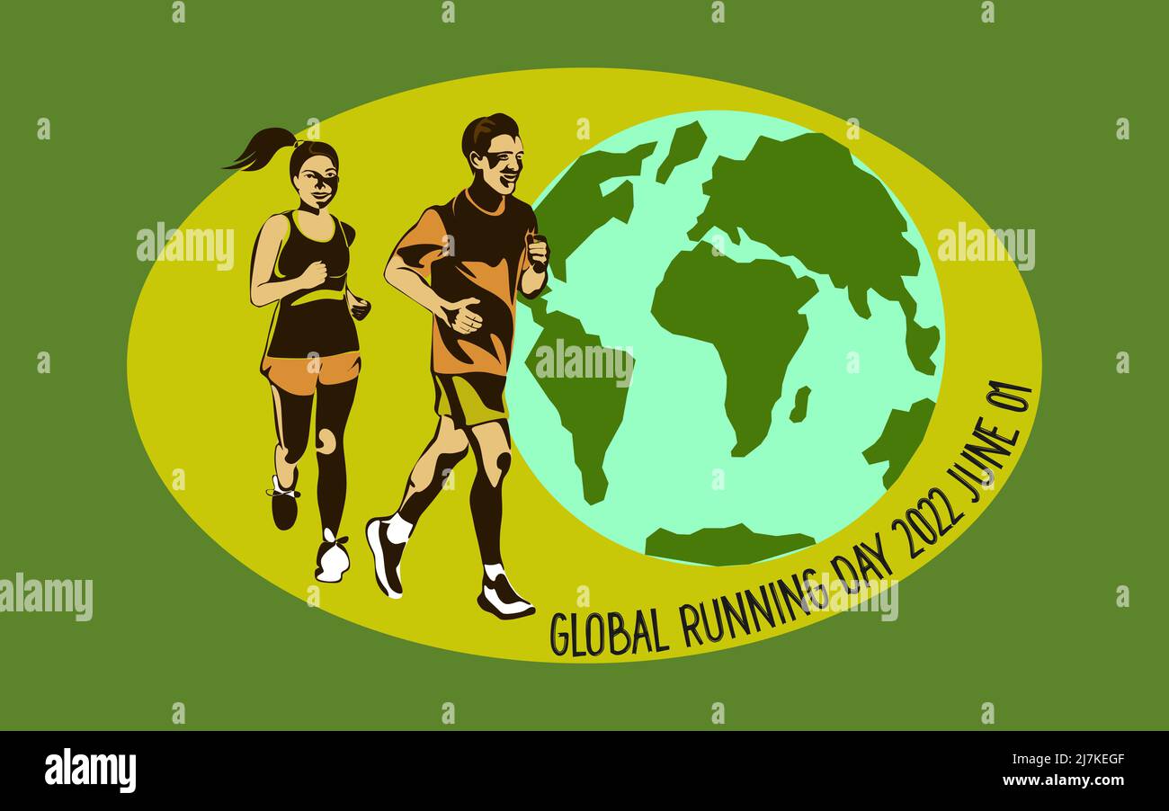 Global Running Day nel mese di giugno, disegno di banner vettoriali. Una giovane donna sorridente e un bell'uomo felice stanno correndo sullo sfondo di un grande globo. T Illustrazione Vettoriale