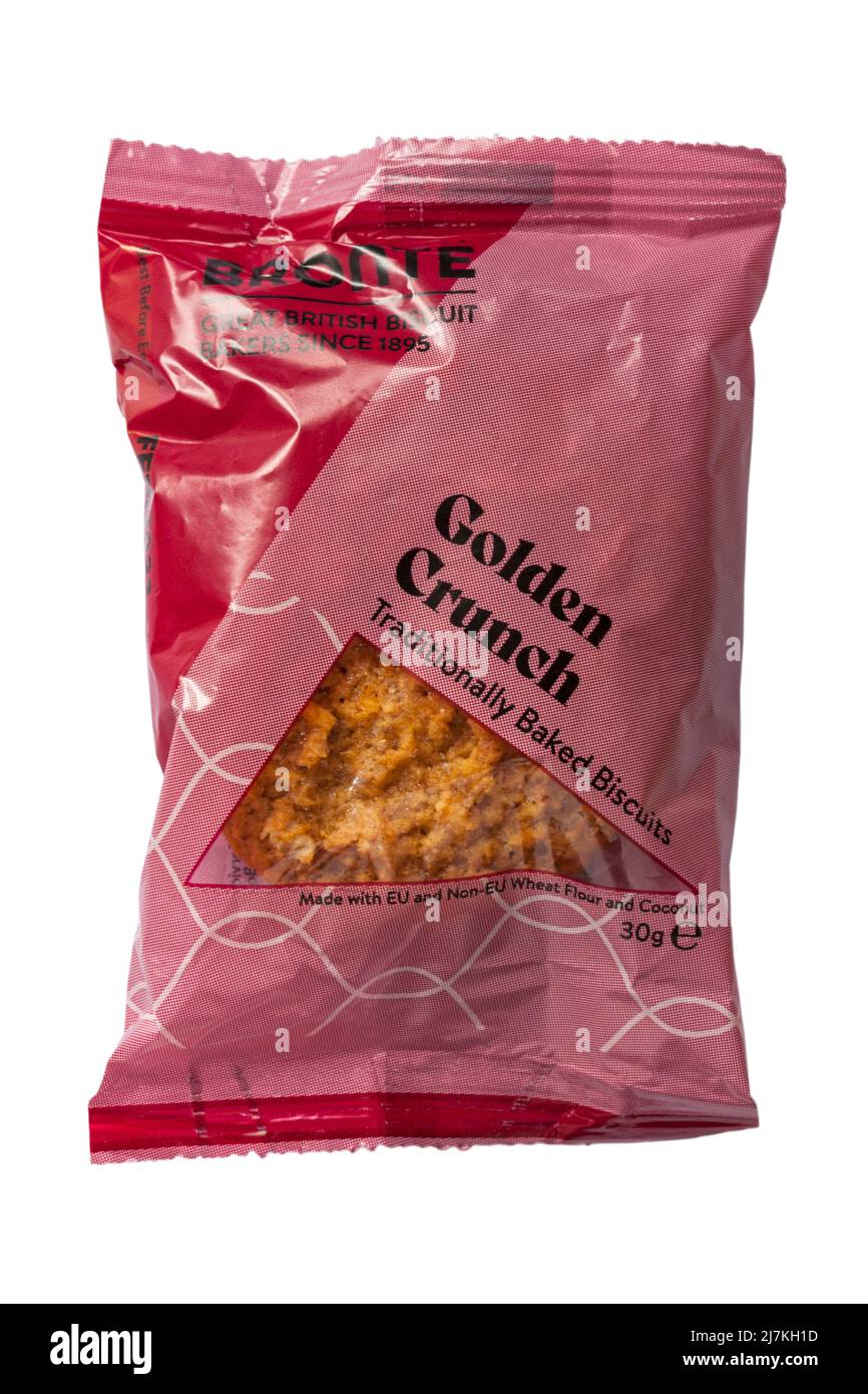Confezione di biscotti Bronte Golden Crunch tradizionalmente cotti al forno isolati su sfondo bianco Foto Stock