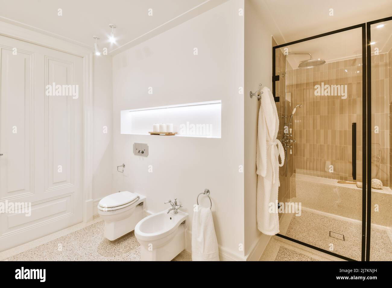 Morbido accappatoio appeso vicino alla cabina doccia con porta in vetro in  un bagno spazioso e luminoso con WC in ceramica e bidet Foto stock - Alamy