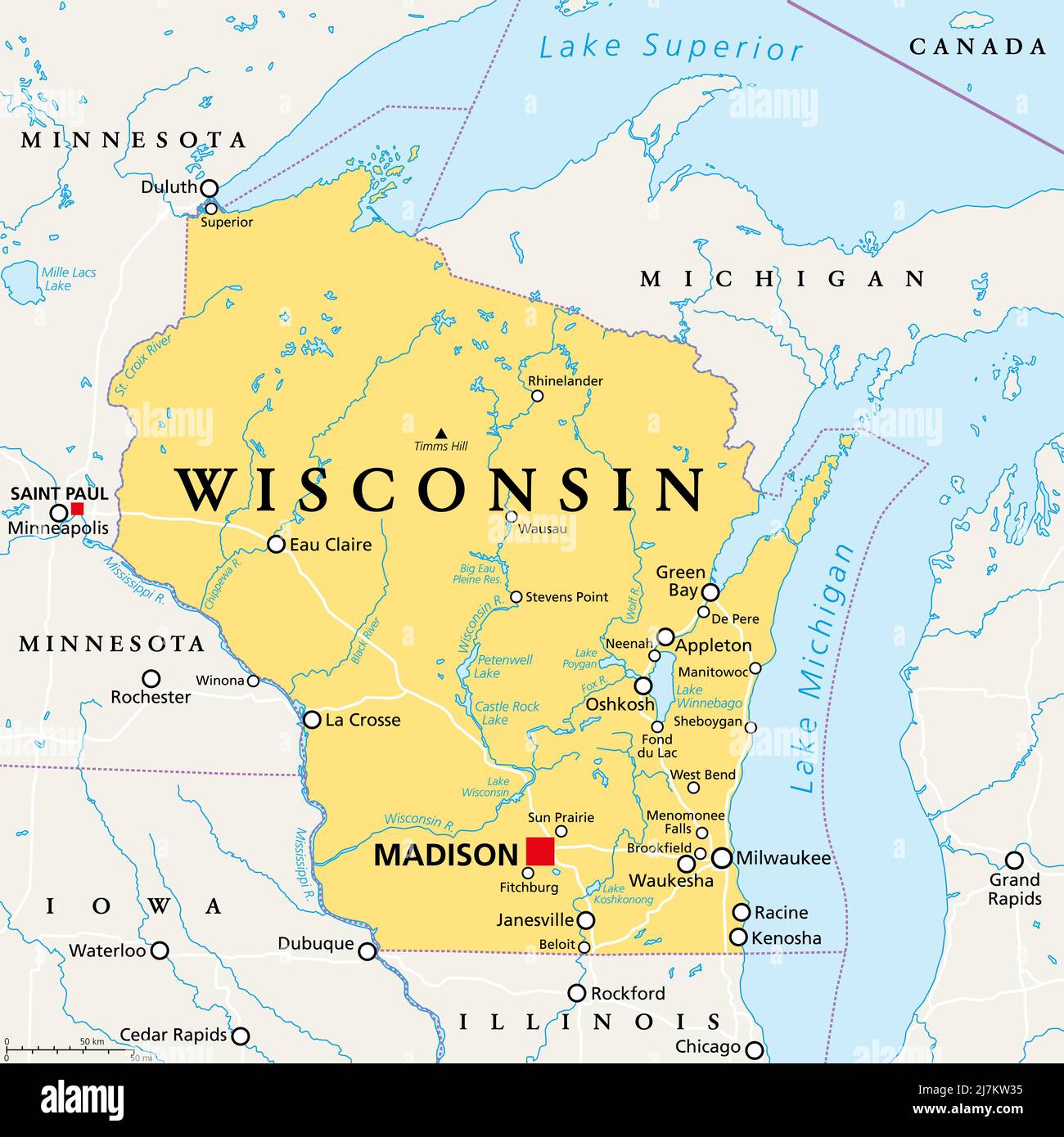 Wisconsin, WI, mappa politica, con la capitale Madison e l'area metropolitana Milwaukee. Stato nell'alto Midwest degli Stati Uniti d'America. Foto Stock