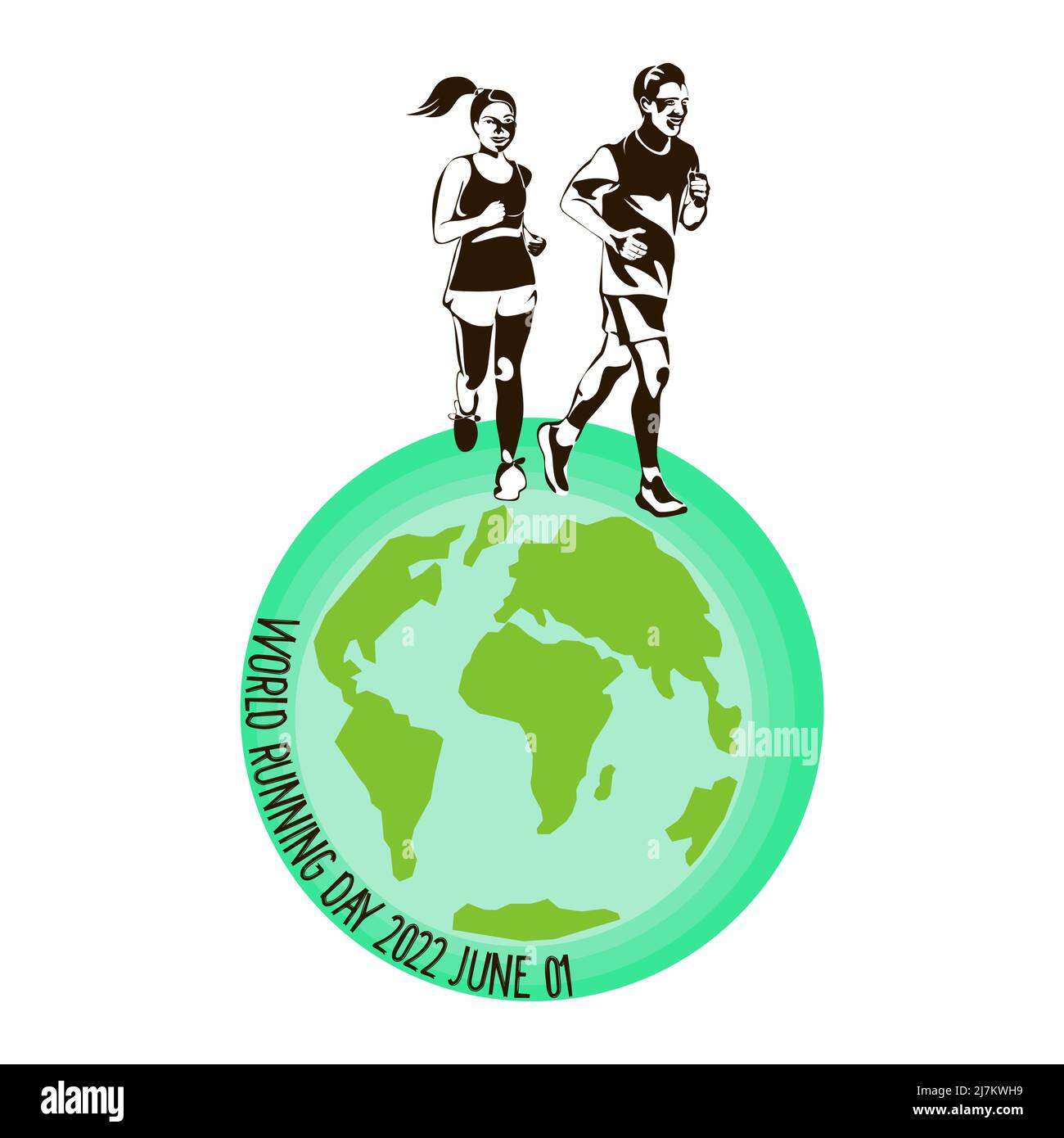 Global Running Day nel mese di giugno, disegno di banner vettoriali. Un giovane uomo sorridente e una femmina felice sono rannig sopra il globo Terra.il concetto di una vita sana Illustrazione Vettoriale