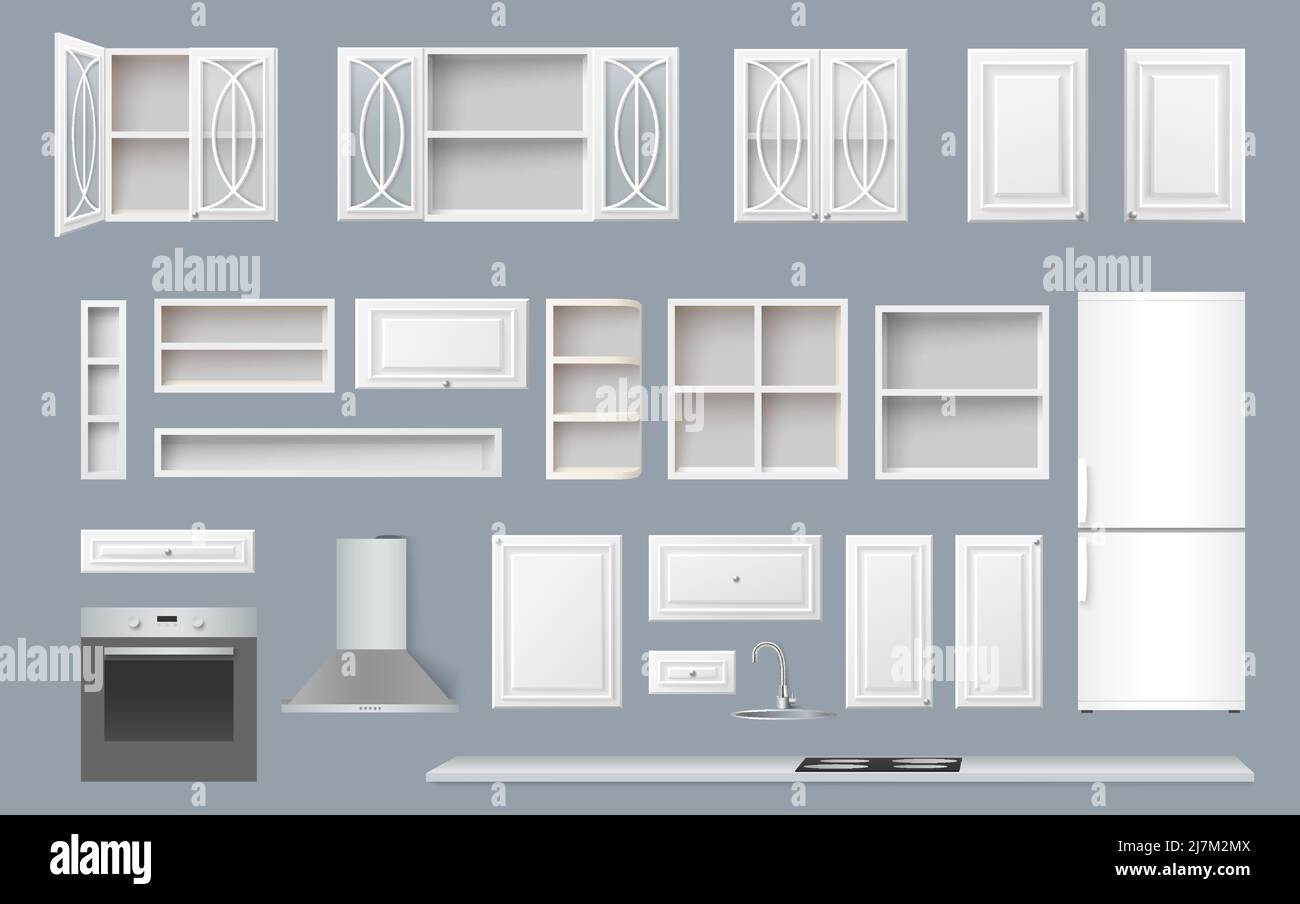 Kitchen constructor realistico vettore 3D mockup set Illustrazione Vettoriale