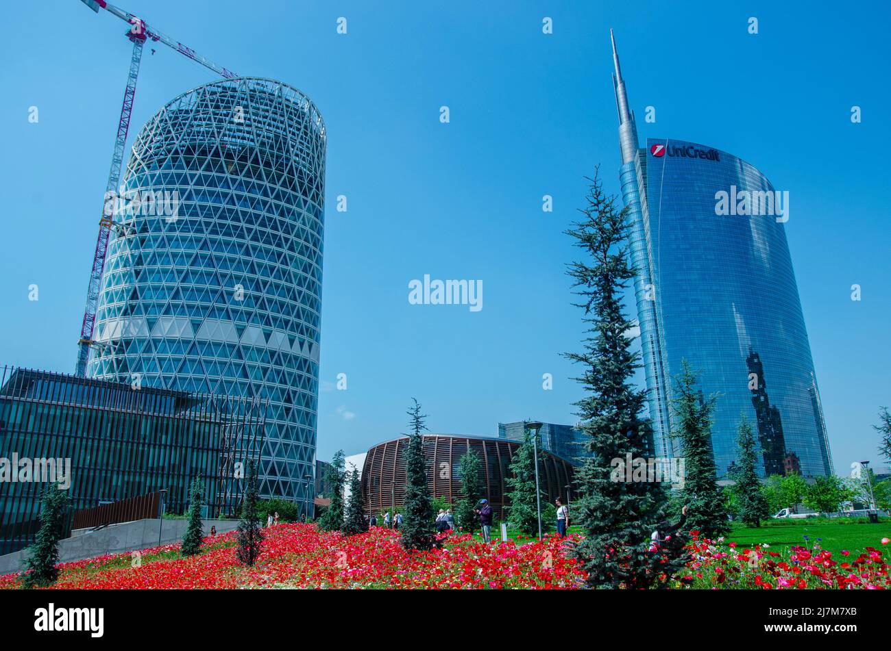 Torre UniCredit e Torre Unipol vista dal parco della Biblioteca degli Alberi (BAM). Campi fioriti. Milano. Italia Foto Stock