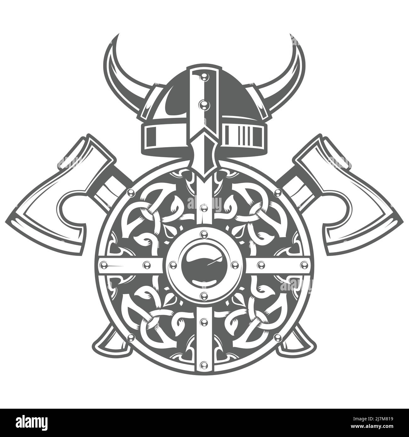 Scudo vichingo rotondo con motivo celtico, casco barbaro con corna e due assi incrociati, armatura scandinava, vettore Illustrazione Vettoriale