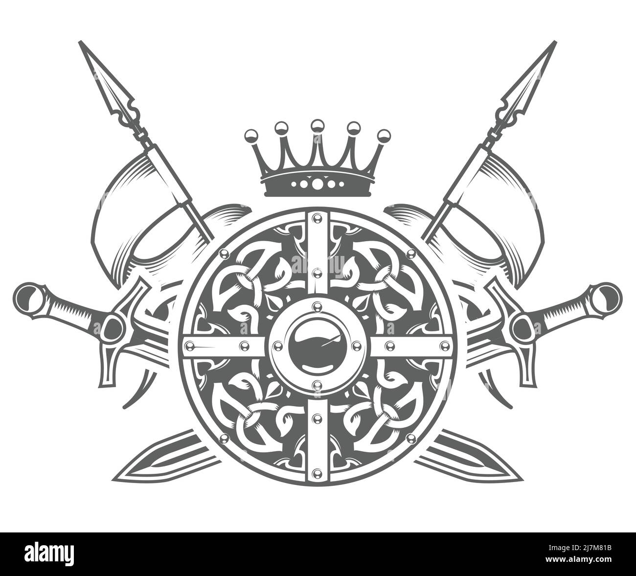 Armatura medievale a cavaliere, scudo rotondo con motivi decorativi, corona con spade e pennanti incrociati, blazon medievale e stemma araldico, vettore Illustrazione Vettoriale