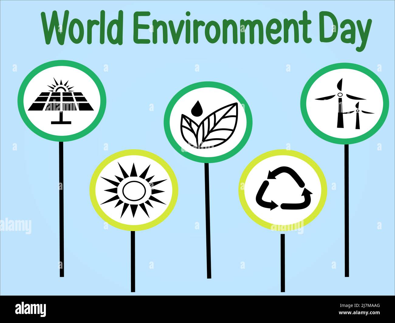 illustrazione di turbine eoliche, piante e simbolo di riciclaggio vicino mondo ambiente giorno scritta su blu, illustrazione stock Illustrazione Vettoriale