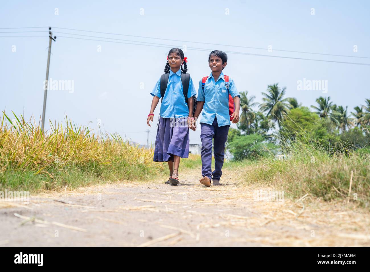 Villaggio fratelli ragazzi andare a scuola tenendo le mani vicino campo di risaia - concetto di conoscenza, amicizia e istruzione. Foto Stock