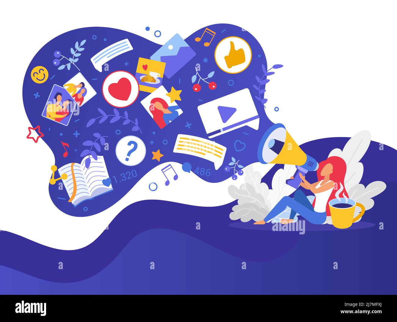 Utenti di social media digitali che condividono la propria storia personale. Attività dell'account Internet che pubblica contenuti personali Illustrazione Vettoriale