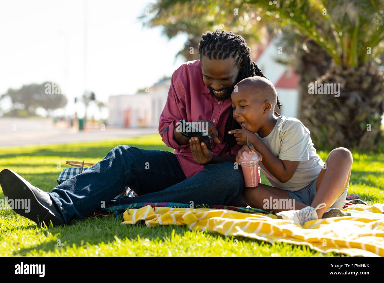 Felice padre e figlio afroamericano condividere smartphone mentre si gode pic-nic al parco in giorno di sole Foto Stock