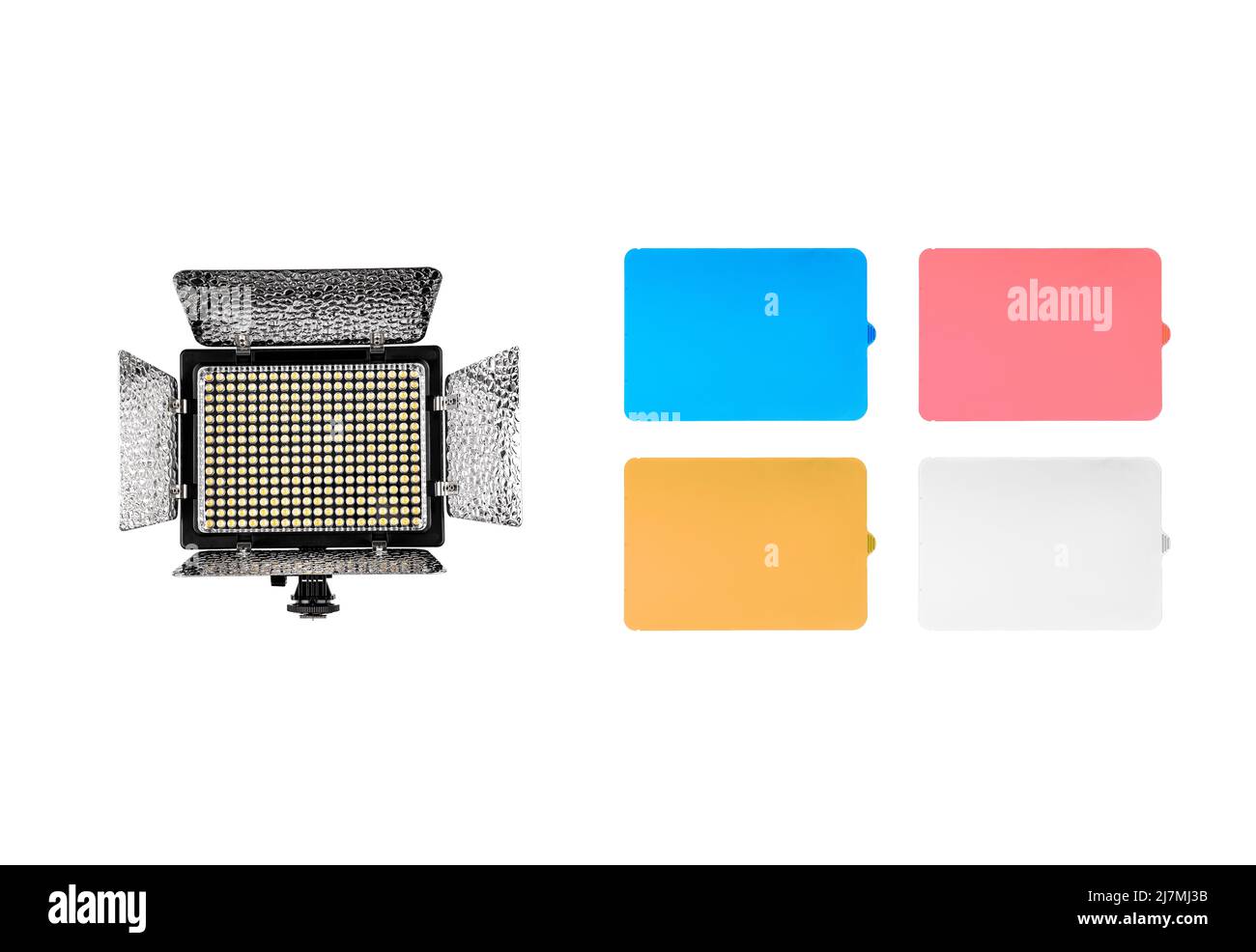 Lampada per foto e video. Lampada a LED con speciali otturatori per la formazione del flusso luminoso. Apparecchio di illuminazione per foto e video. Filtri colore per la modifica di Foto Stock