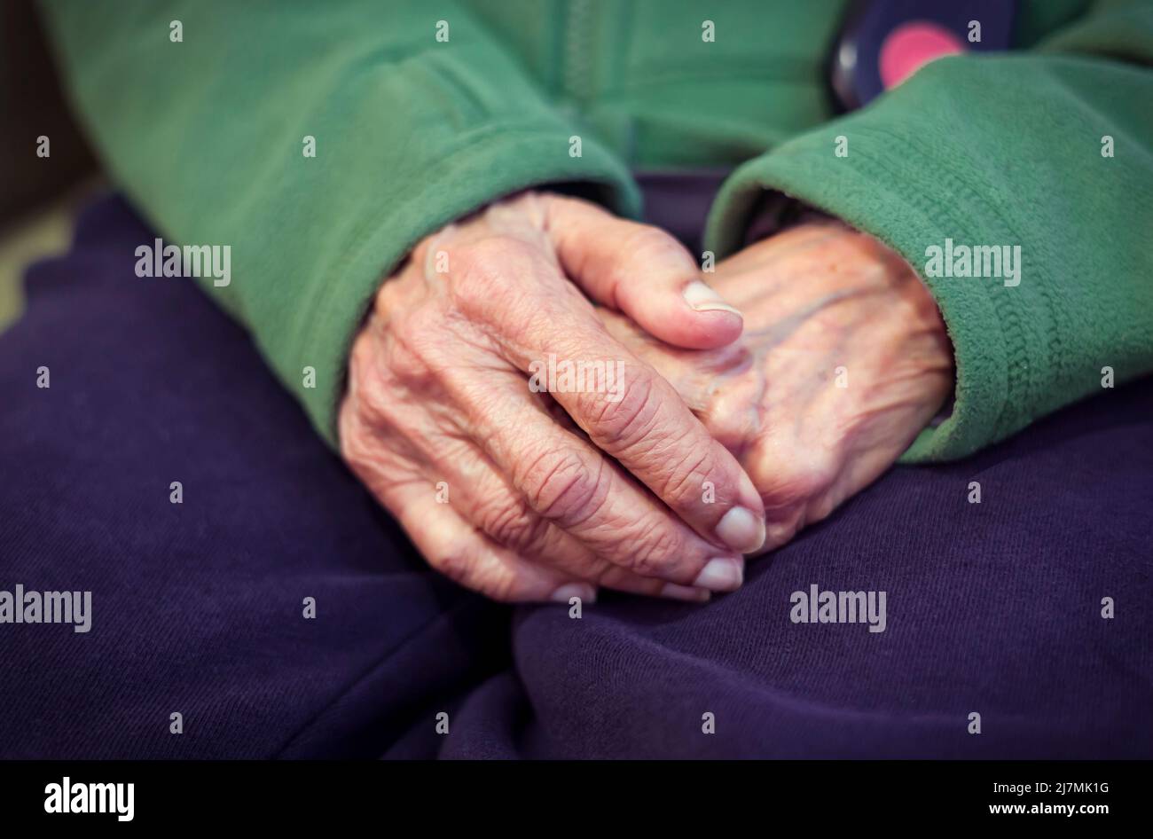 Primo piano delle mani di una vecchia donna indiana asiatica con la pelle rugosa. Descrive i concetti di solitudine, preoccupazione, demenza e salute mentale. Foto Stock
