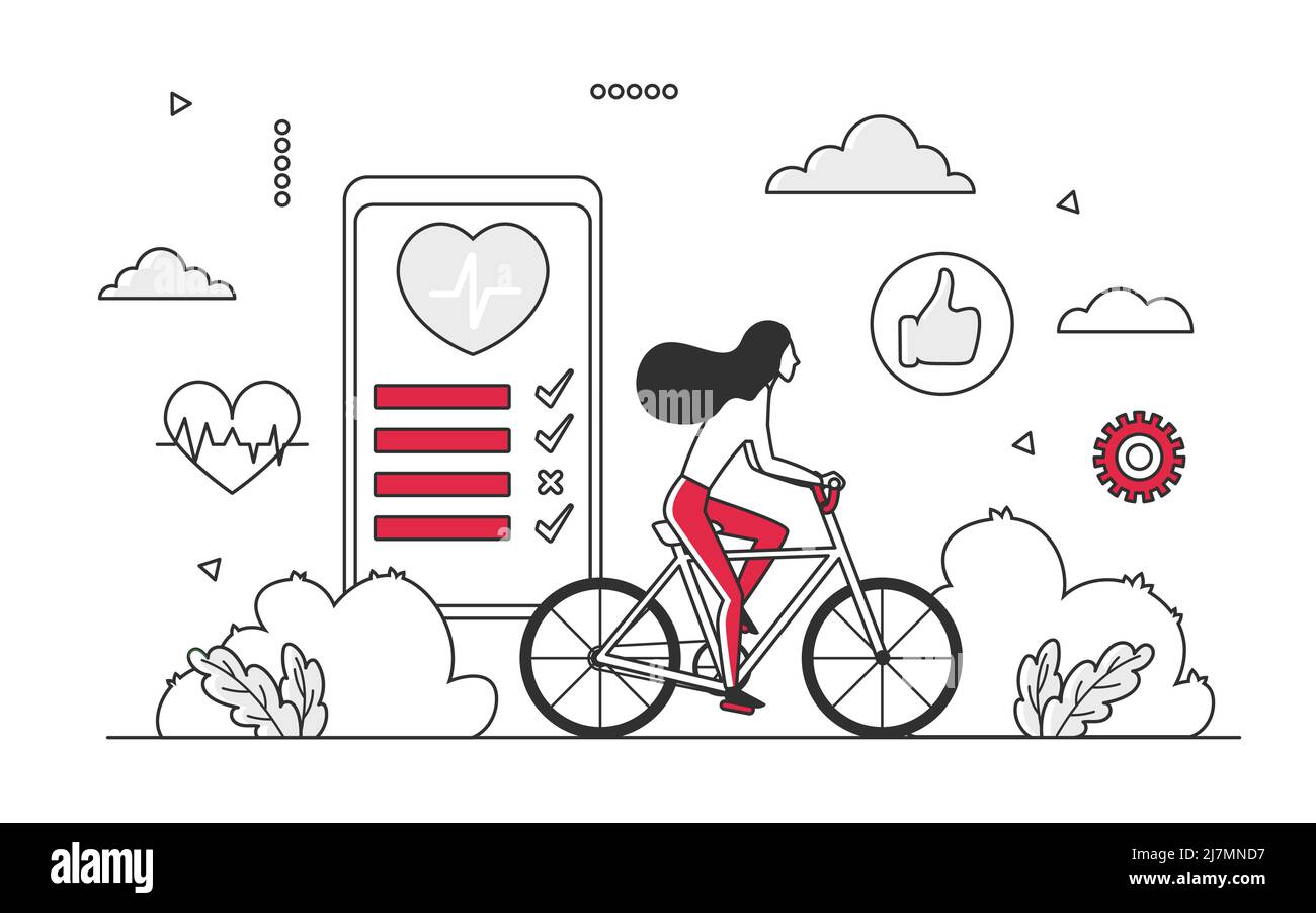 Donna sportiva in bicicletta con applicazione fitness. Attività quotidiane sane per illustrazione monocolore vettore stato corporeo di mantenimento Illustrazione Vettoriale