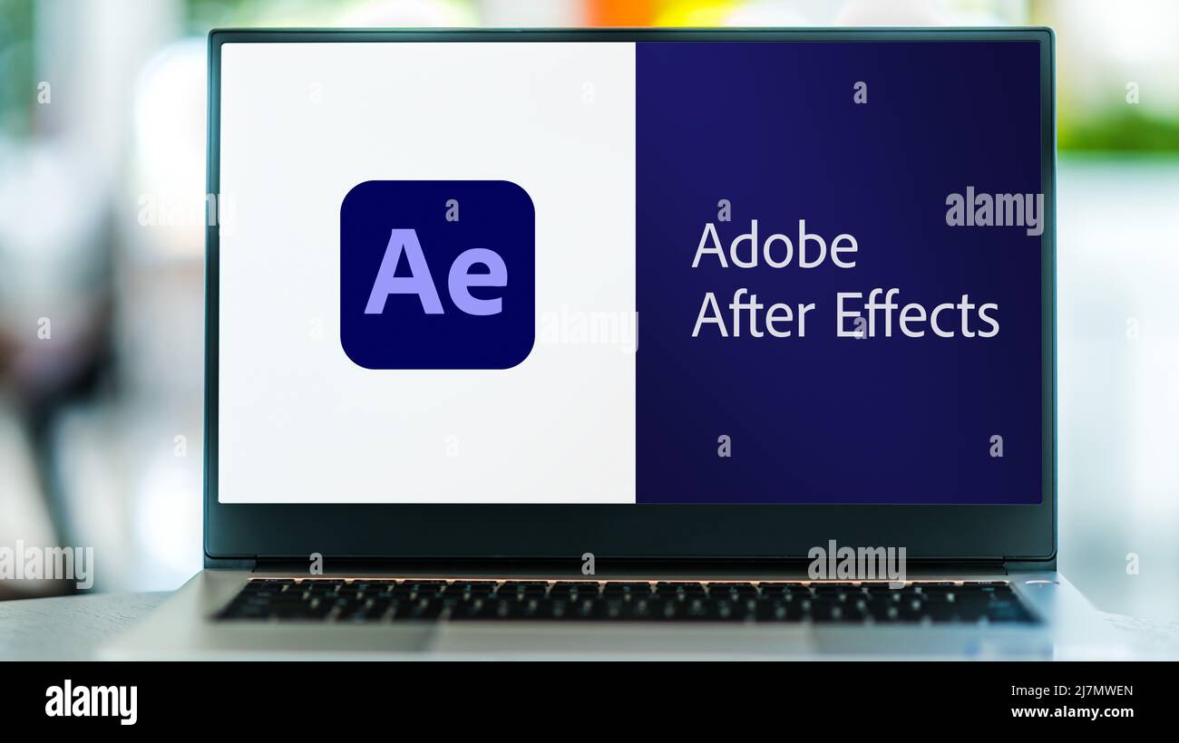 POZNAN, POL - SEP 22, 2021: Computer portatile che visualizza il logo di Adobe After Effects, un effetto visivo digitale, grafica in movimento, e compositing applica Foto Stock