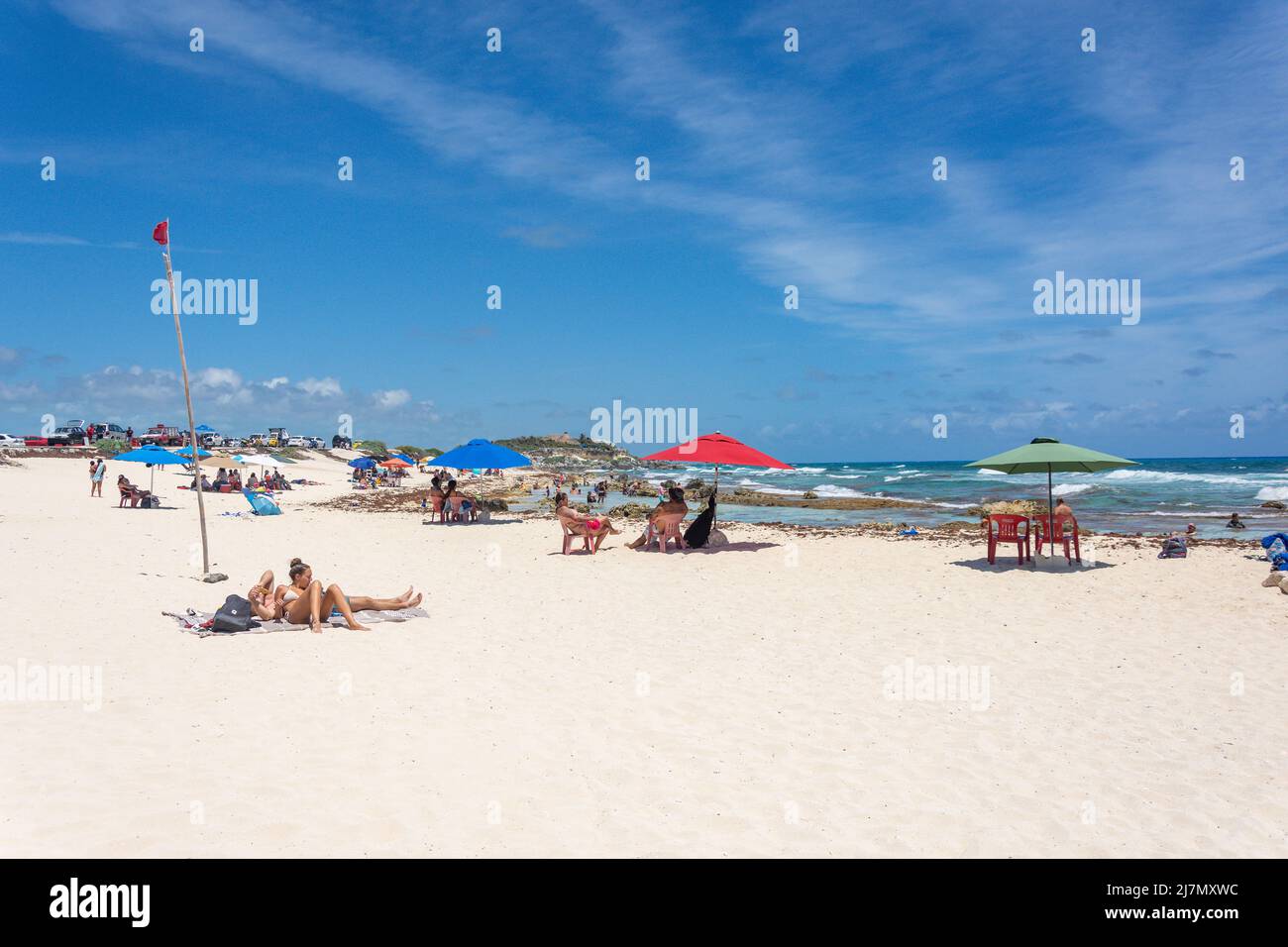 Vista sulla spiaggia, Playa Chen Rio, Cozumel, Quintana Roo, Messico Foto Stock