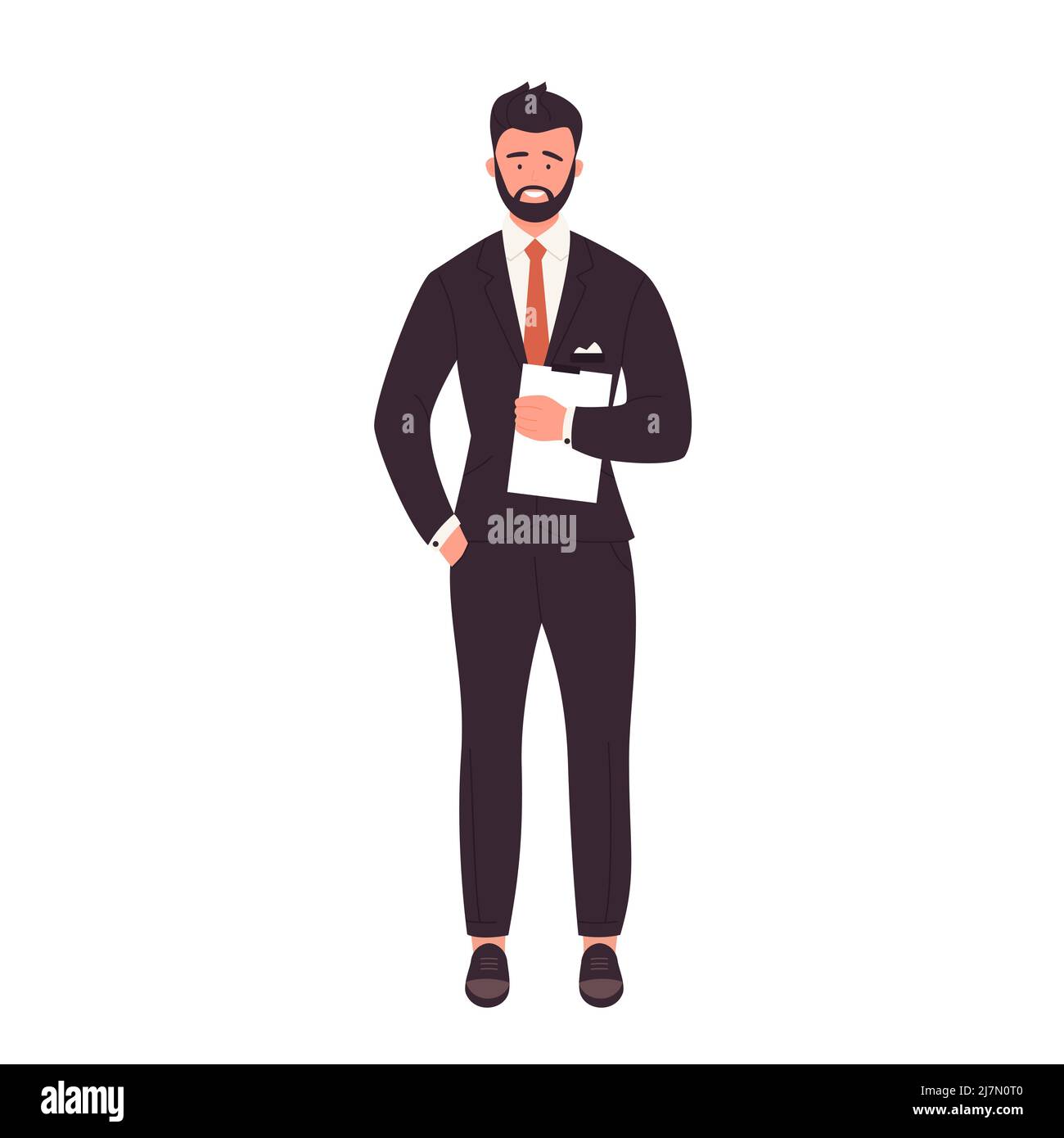 Un uomo d'affari in piedi tiene gli appunti. Manager con illustrazione vettoriale manuale in tasca Illustrazione Vettoriale