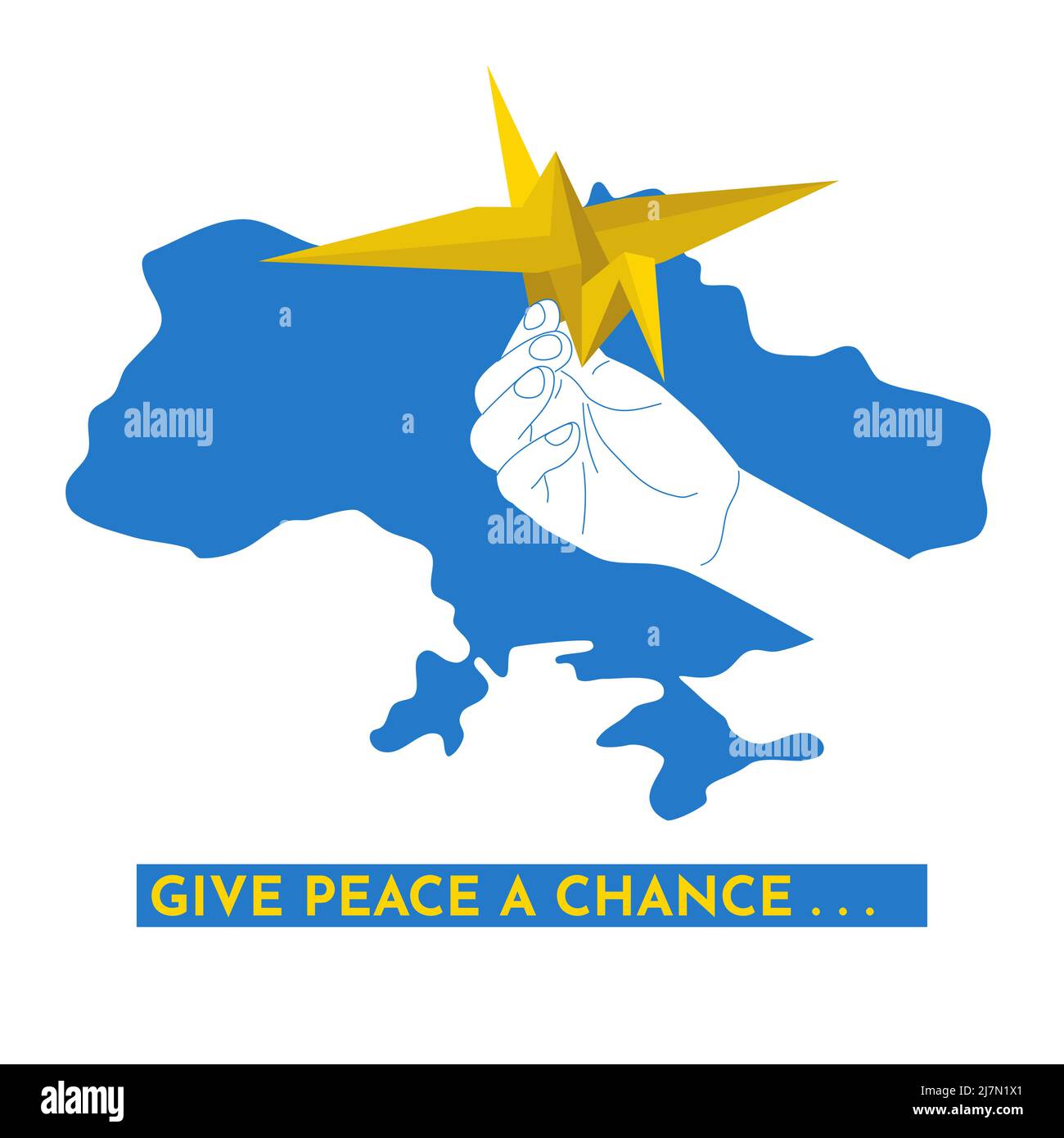 La mano del bambino tiene una gru originale della carta la pace giapponese e nessun simbolo della bomba dell'atomo sullo sfondo della silhouette della mappa dell'Ucraina, dà la pace un'illustrazione del vettore giallo blu di probabilità Illustrazione Vettoriale